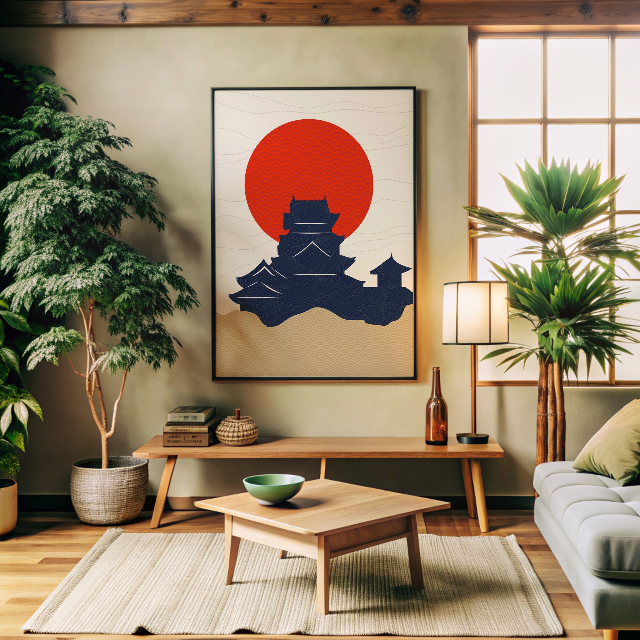 Vermilion Sun Castle | Japanese Castle Silhouette Print | Japandi