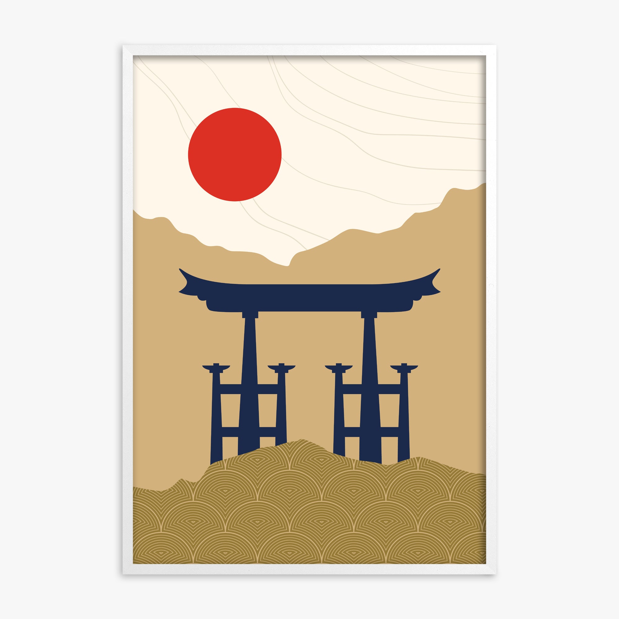 Serene Torii Gate, White Framed Poster With White Frame