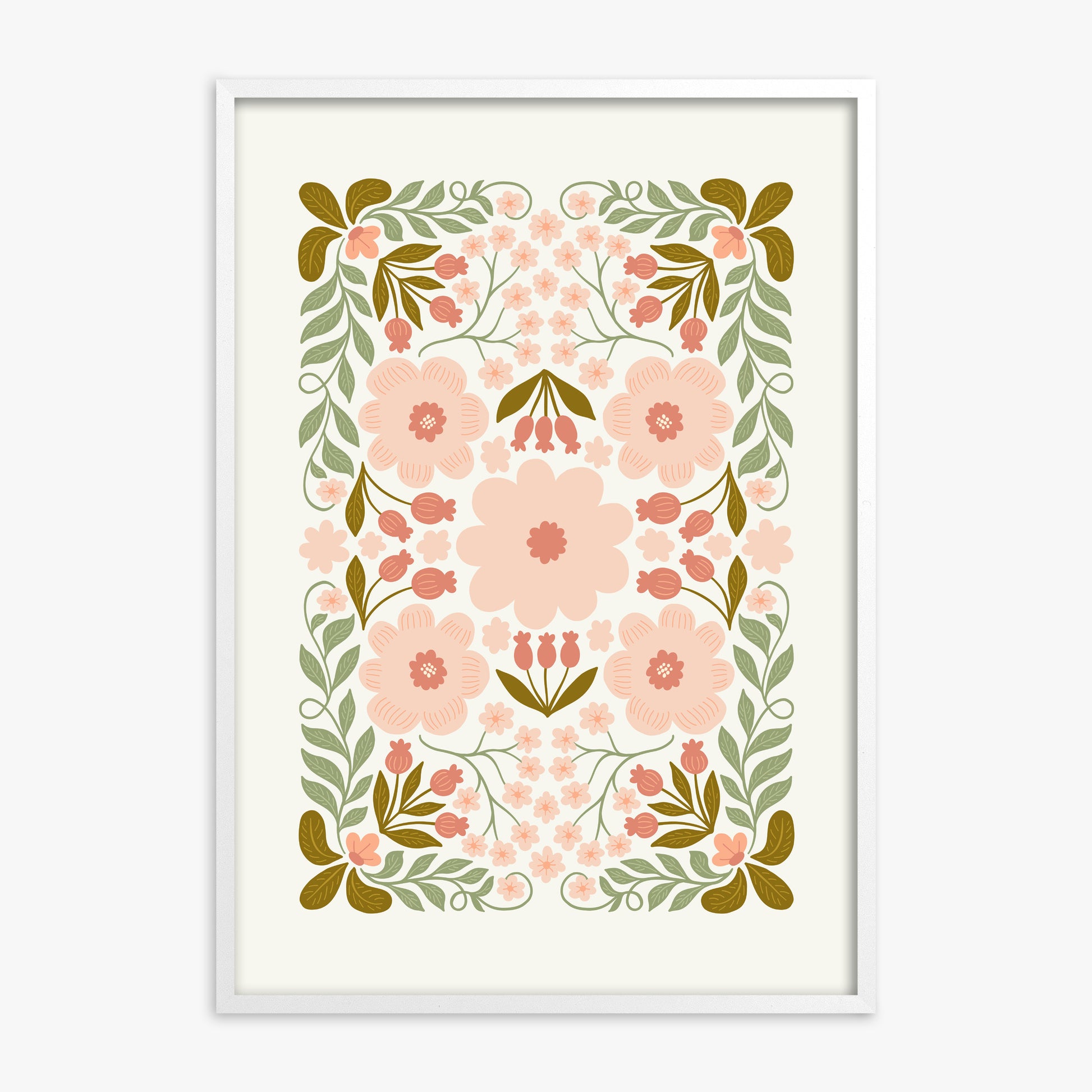 Peach Blossom Garland, White Framed Poster With White Frame