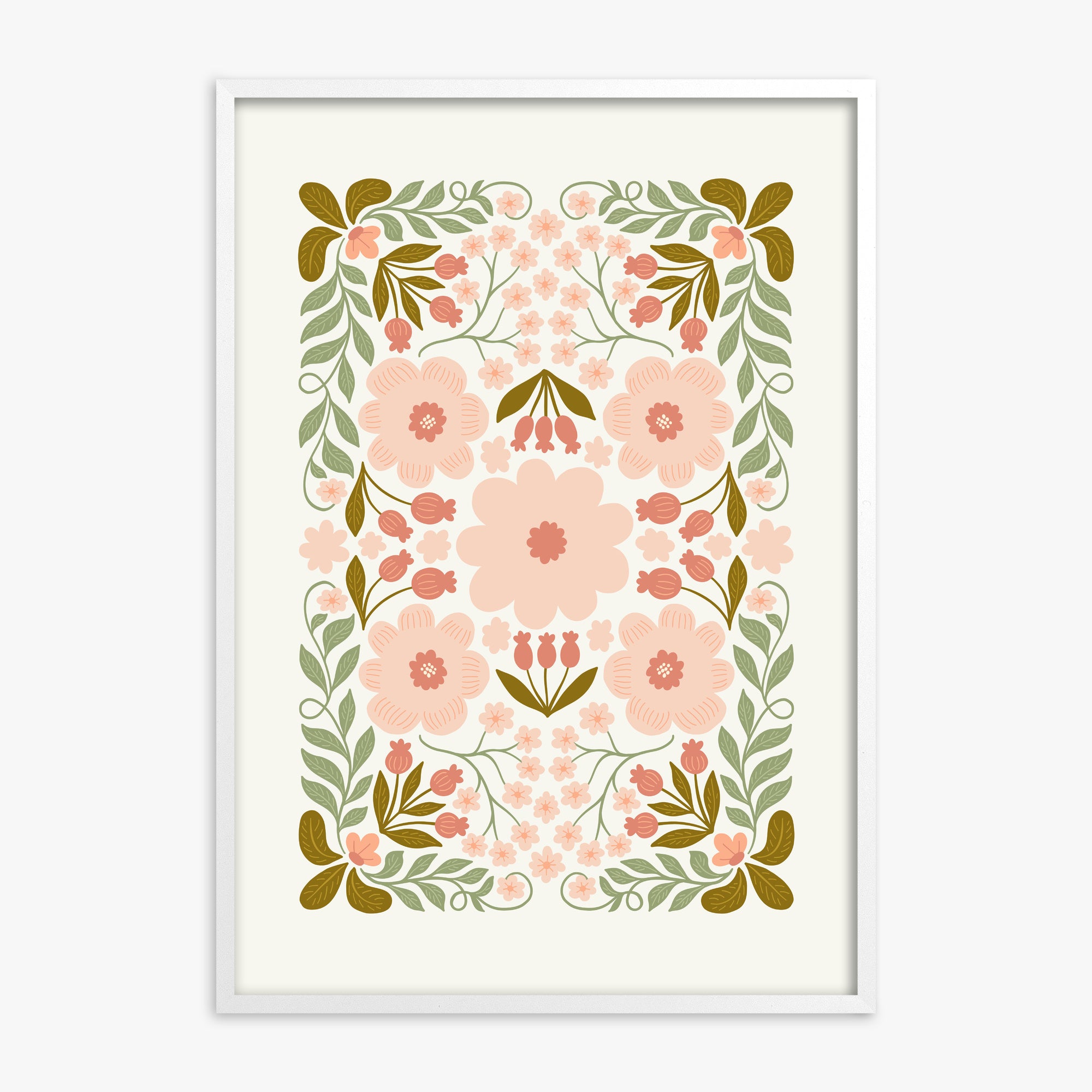 Peach Blossom Garland, White Framed Poster With White Frame