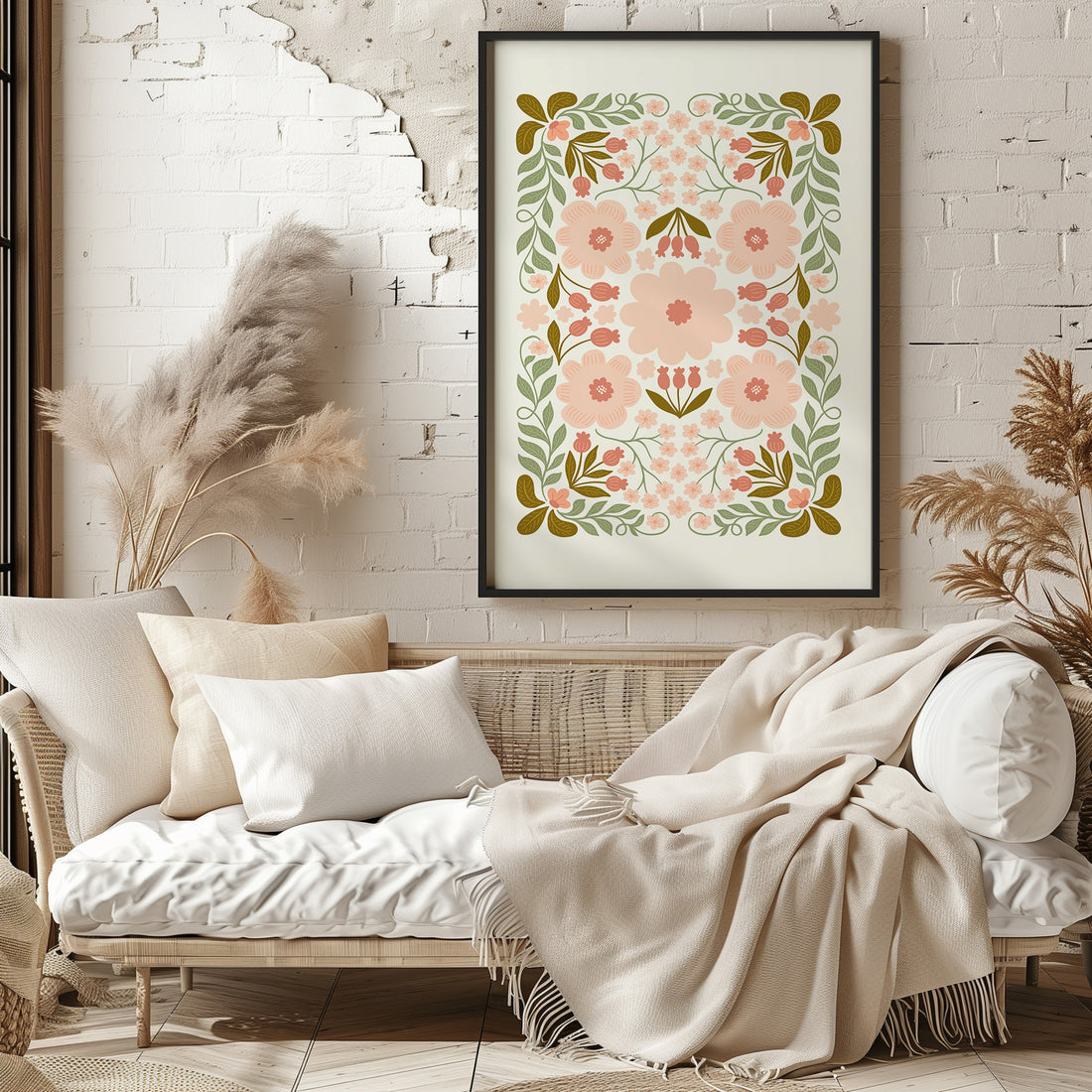 Peach Blossom Garland, 50x70cm Framed Poster With Black Frame