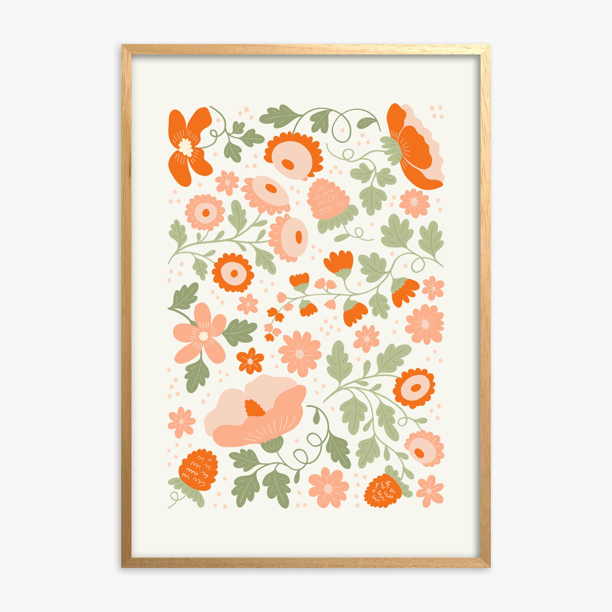Coral Bloom Garden, Oak Framed Poster With Oak Frame