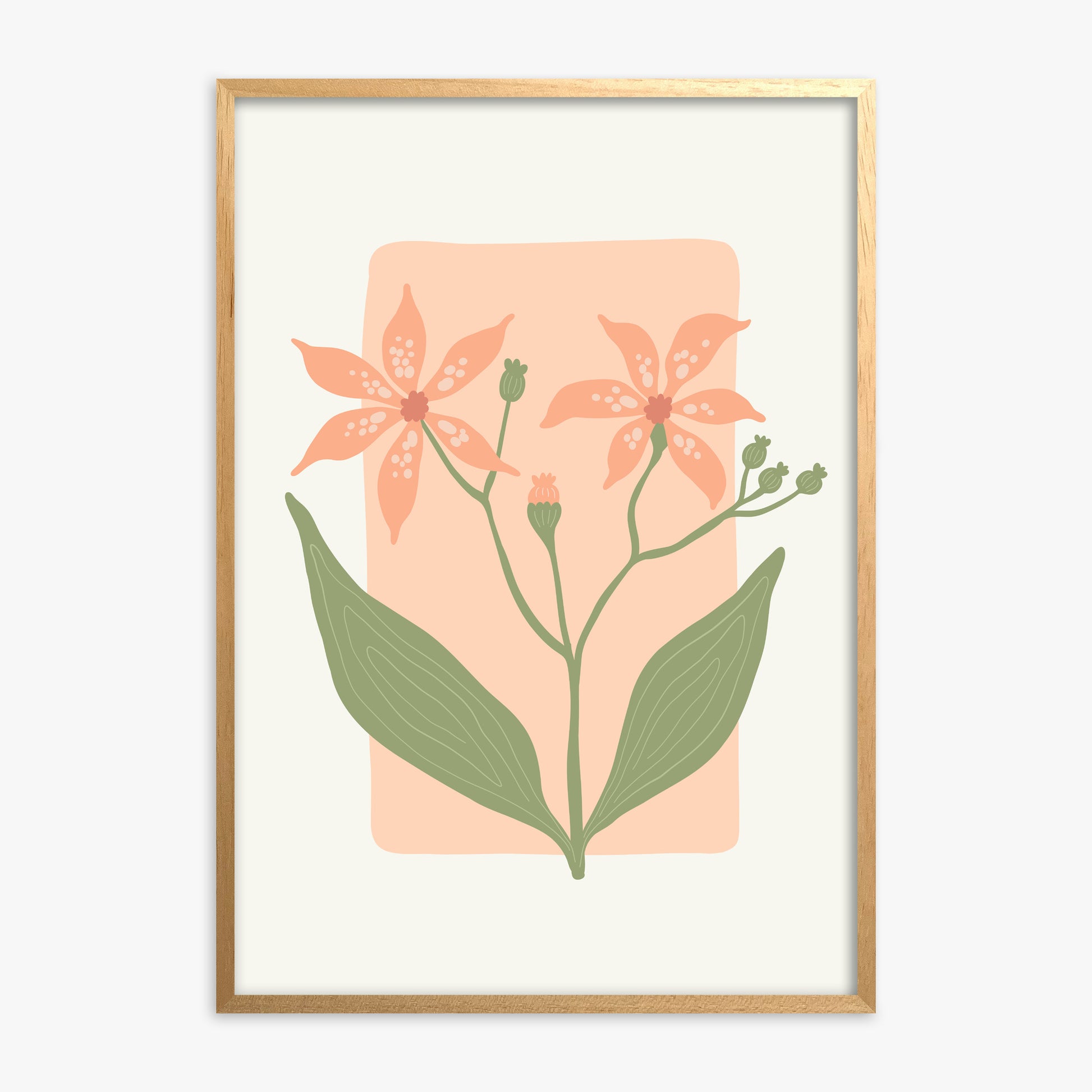 Peach Lily Blooms, Oak Framed Poster With Oak Frame