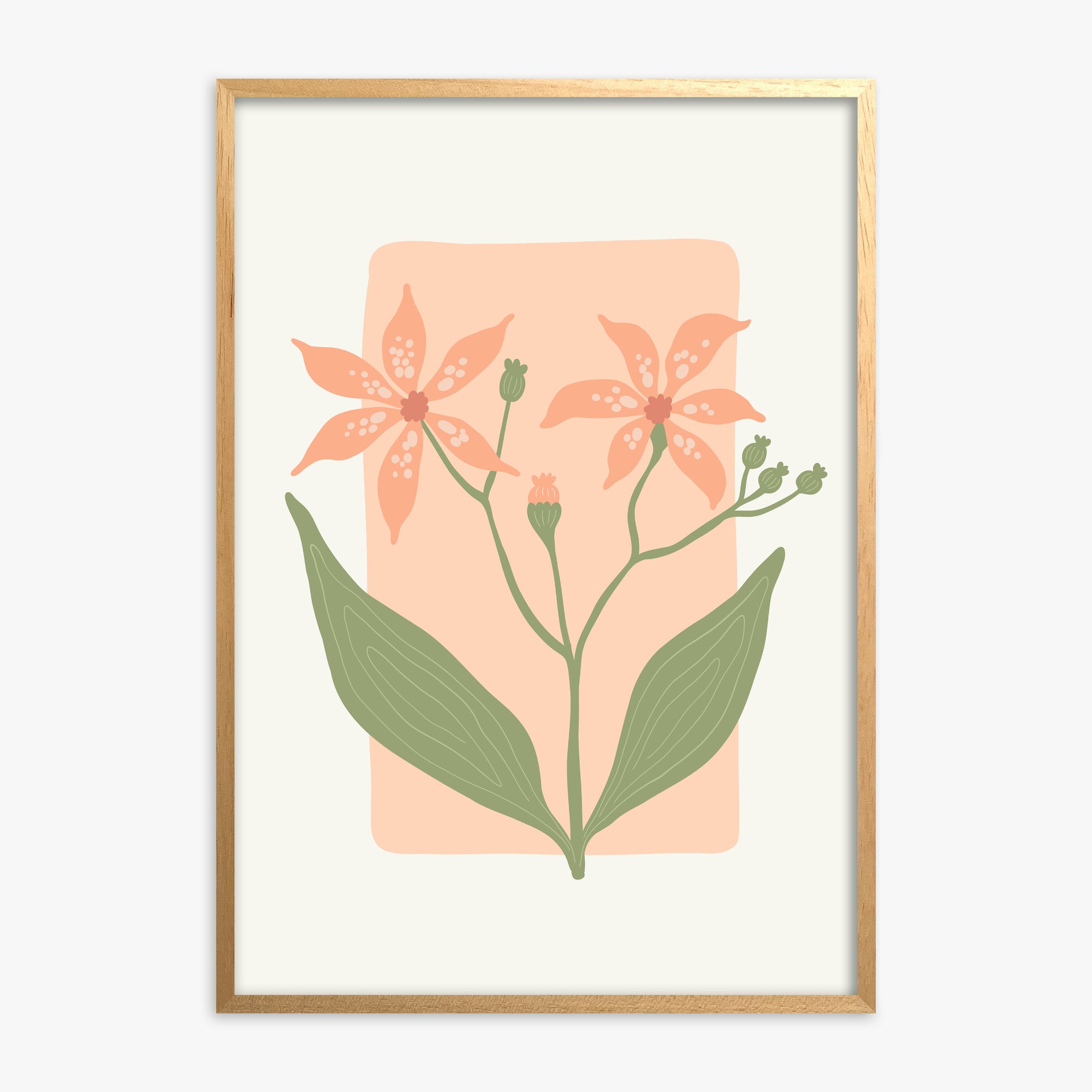 Peach Lily Blooms, Oak Framed Poster With Oak Frame