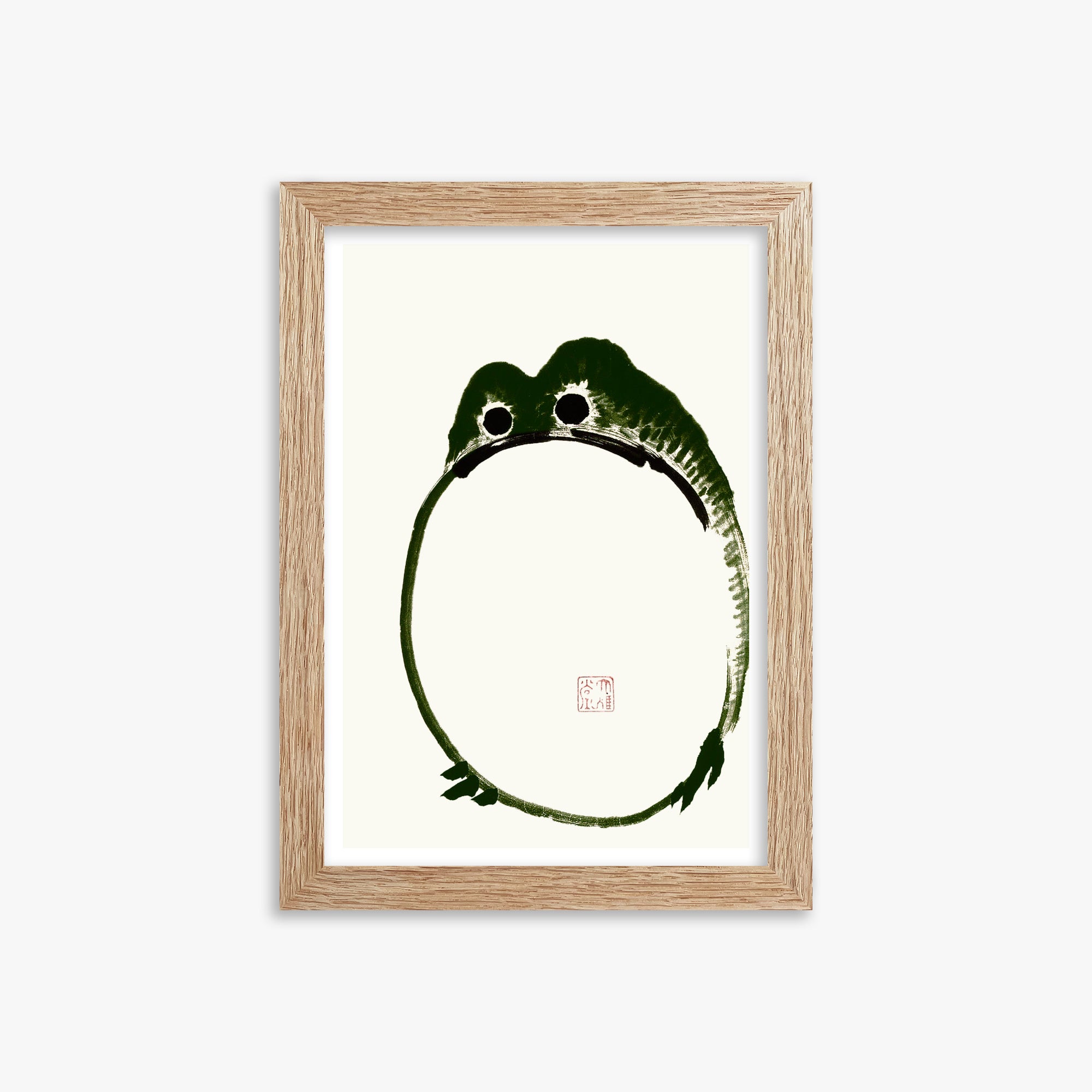 Ike no Taiga: Round Frog, 21x30cm Framed Art Reproduction With Raw Oak Frame