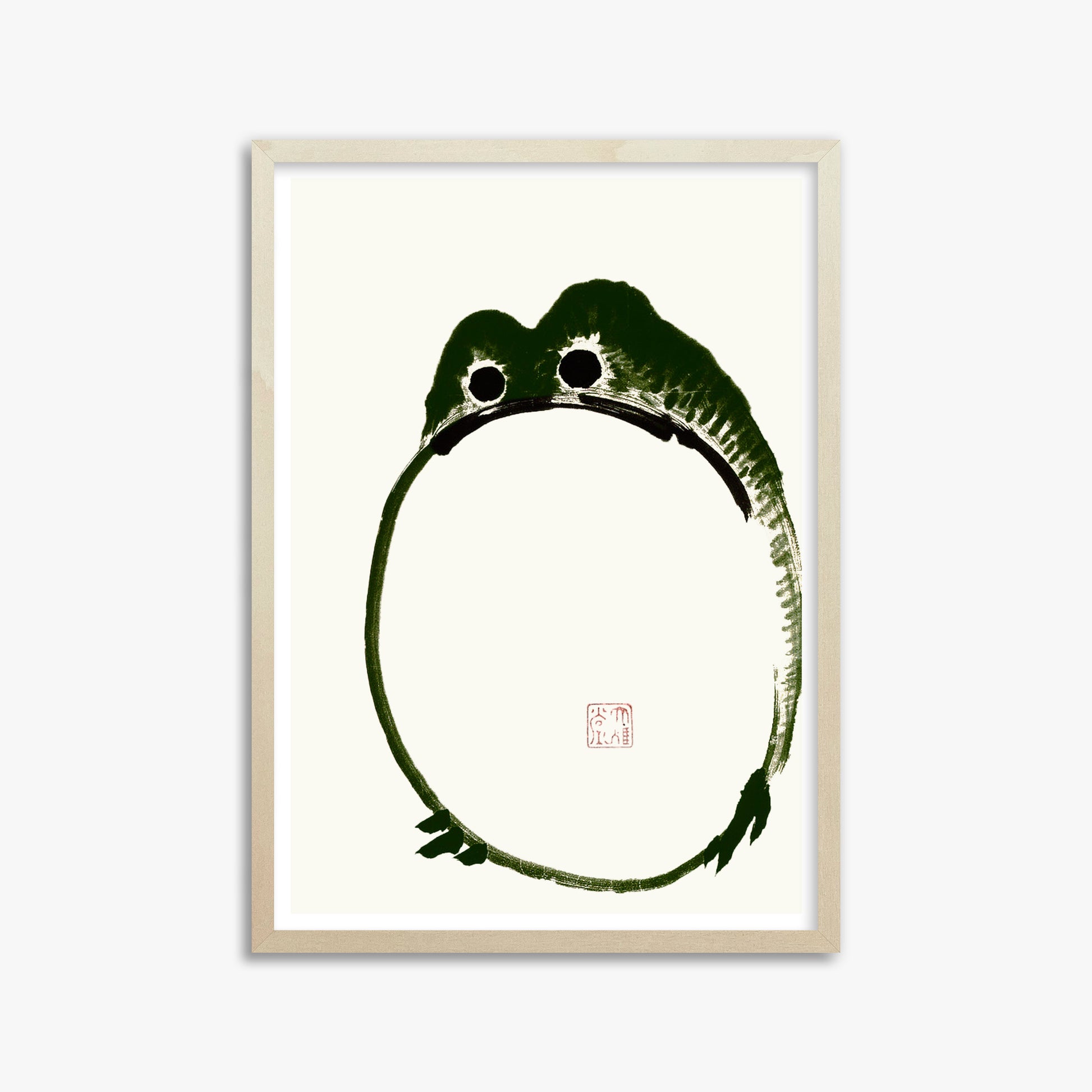 Ike no Taiga: Round Frog, 50x70cm Framed Art Reproduction With Lime Wood Frame
