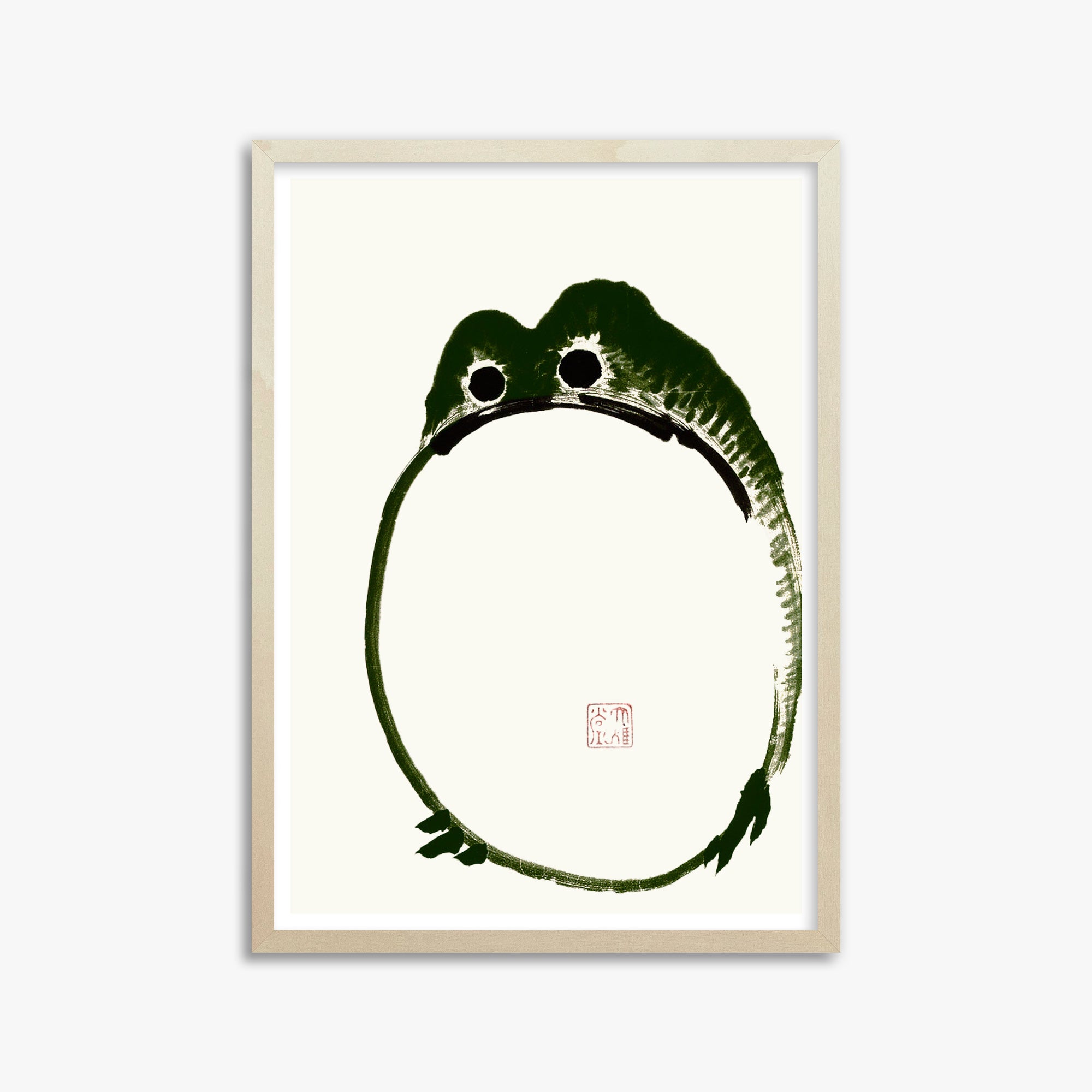 Ike no Taiga: Round Frog, 50x70cm Framed Art Reproduction With Lime Wood Frame