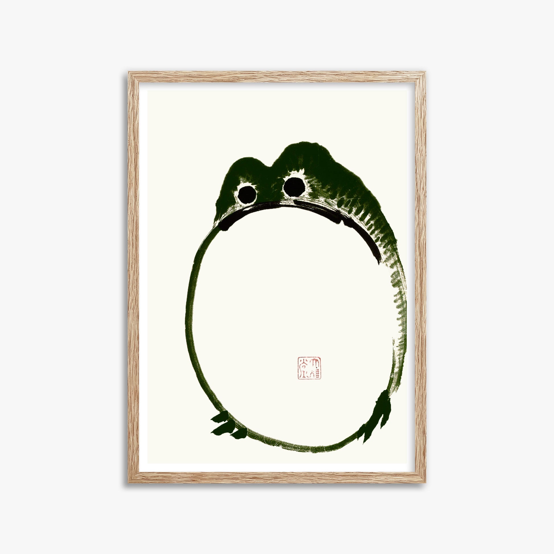 Ike no Taiga: Round Frog, 50x70cm Framed Art Reproduction With Raw Oak Frame