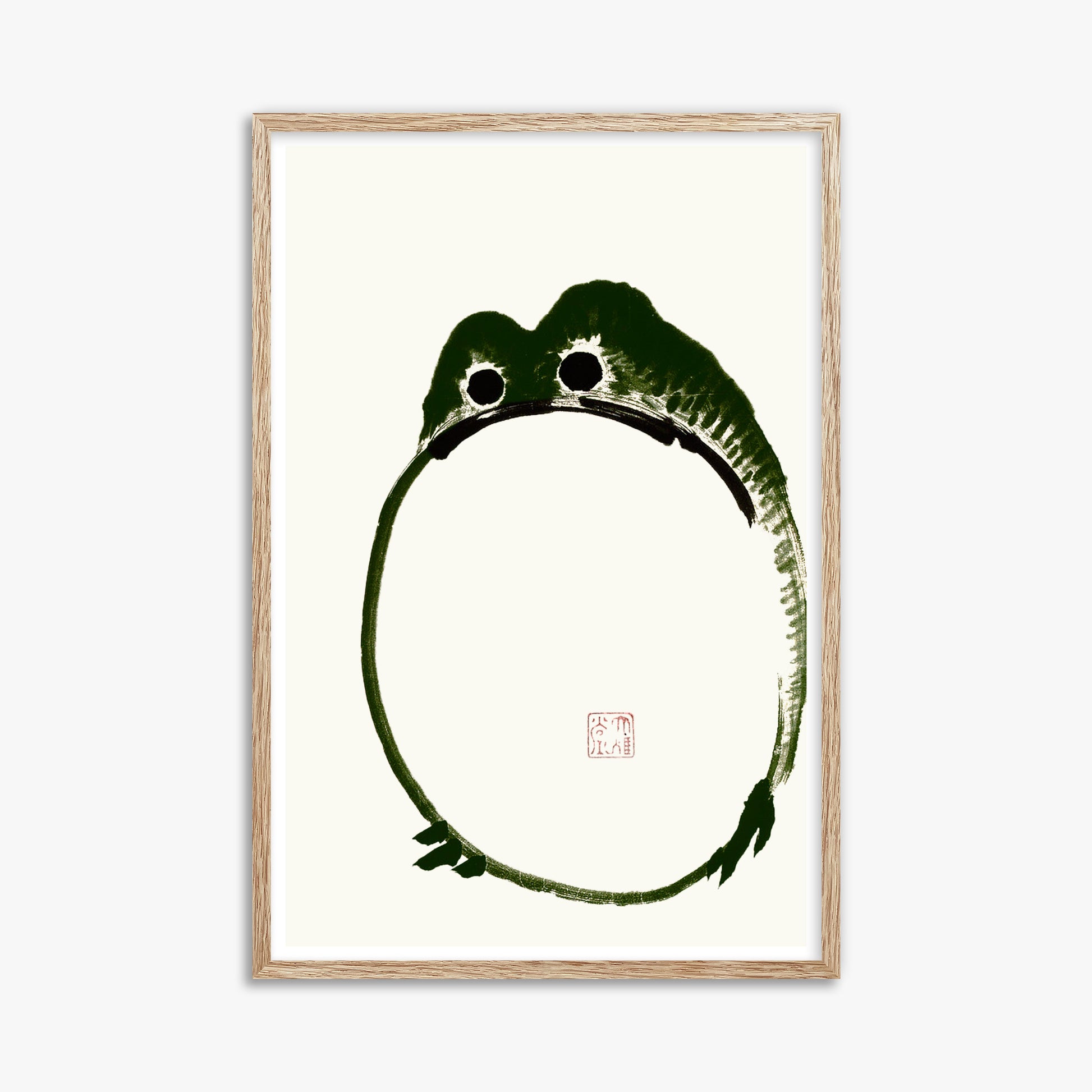 Ike no Taiga: Round Frog, 61x91cm Framed Art Reproduction With Raw Oak Frame