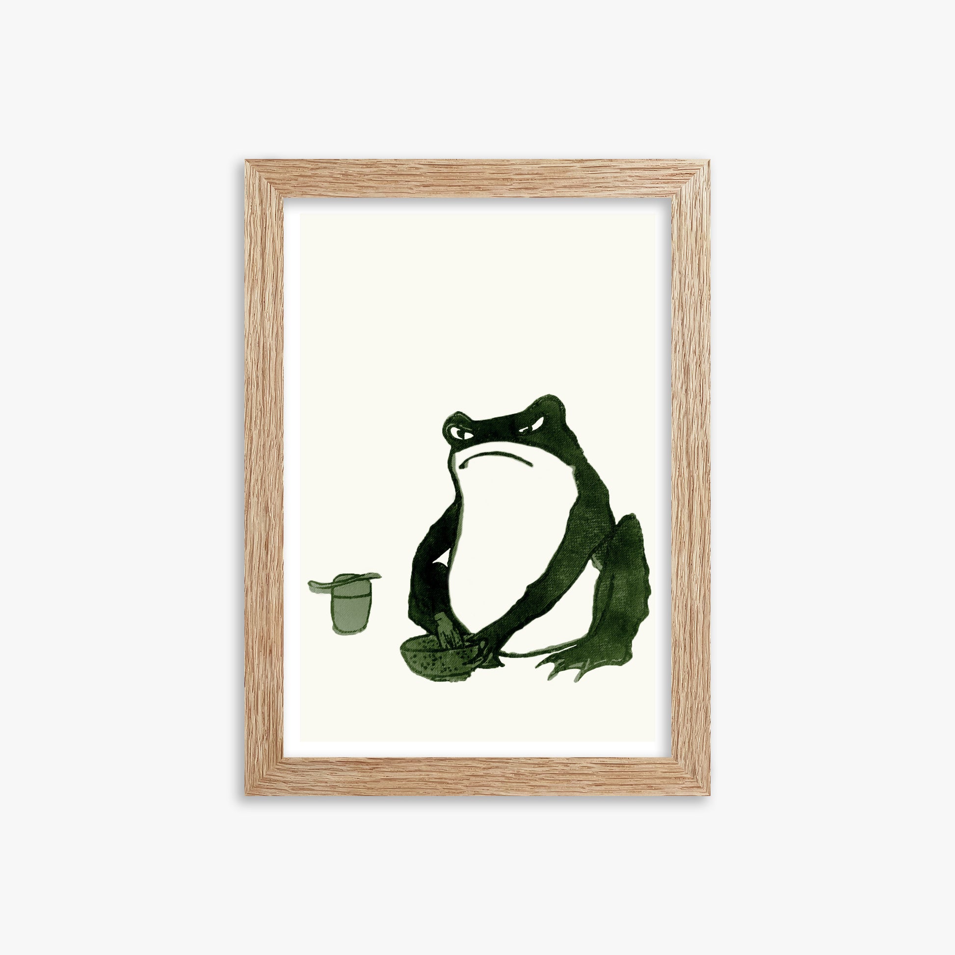 Hiroshige II: Angry frog whisking tea, 21x30cm Framed Art Reproduction With Raw Oak Frame