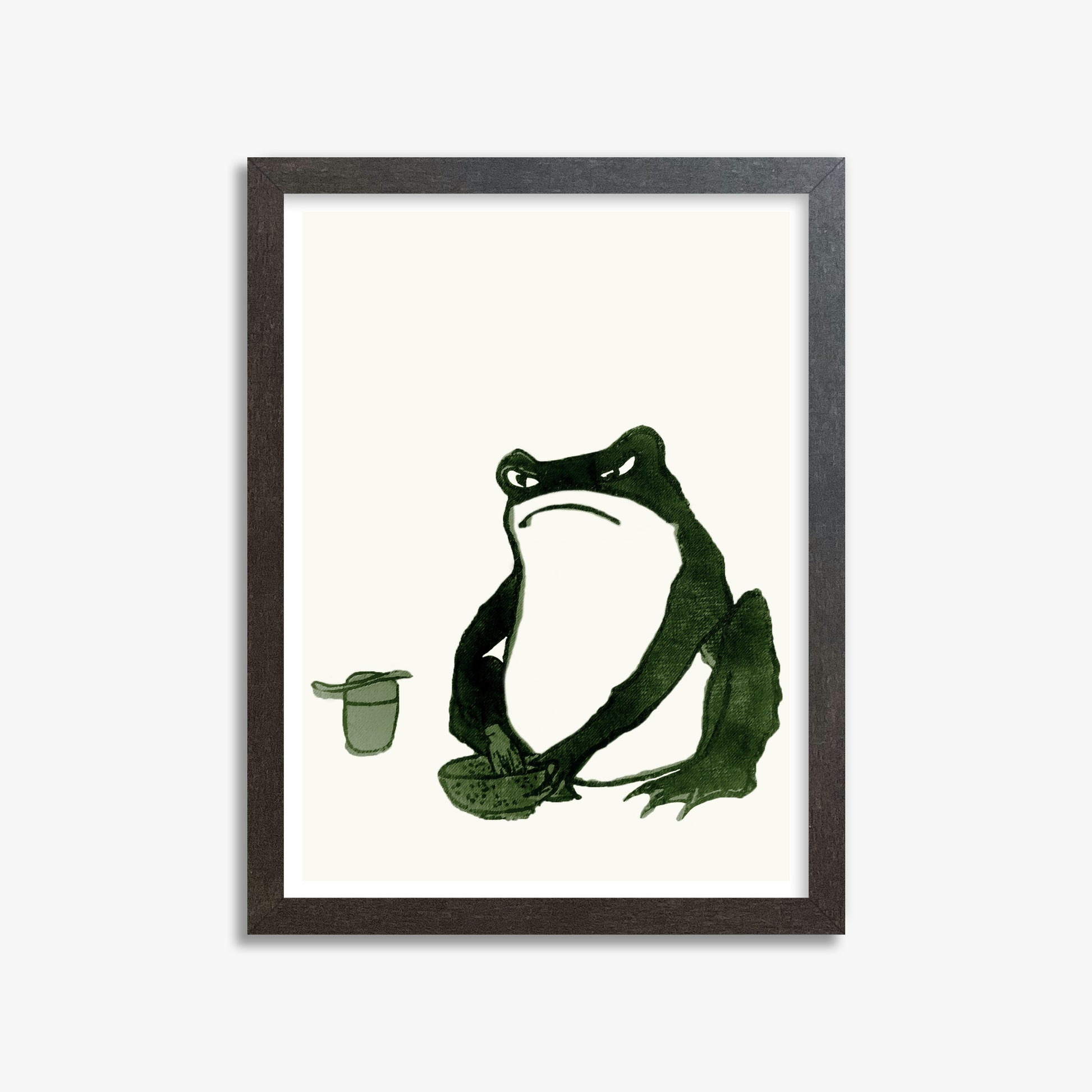 Hiroshige II: Angry frog whisking tea, 30x40cm Framed Art Reproduction With Espresso Frame