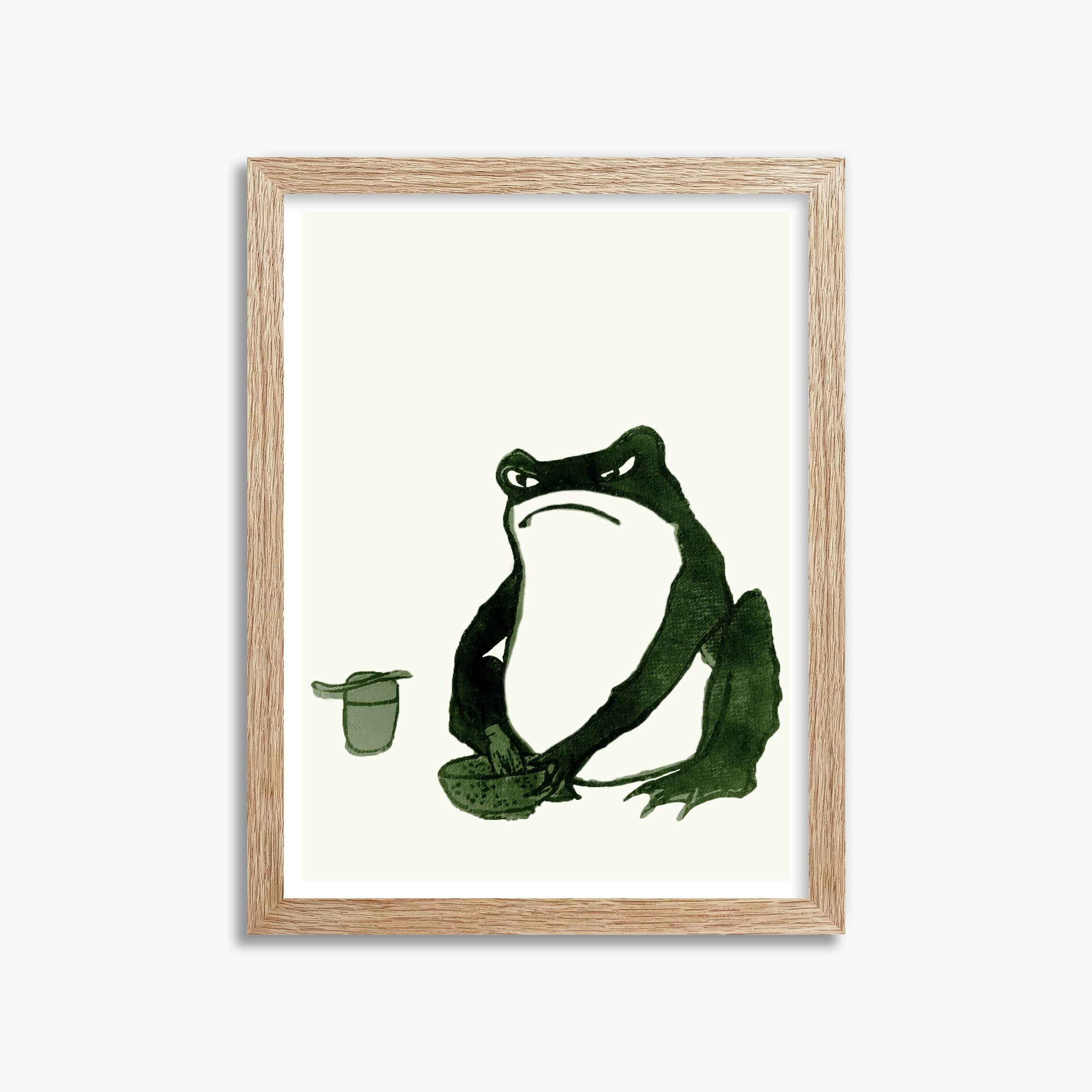 Hiroshige II: Angry frog whisking tea, 30x40cm Framed Art Reproduction With Raw Oak Frame