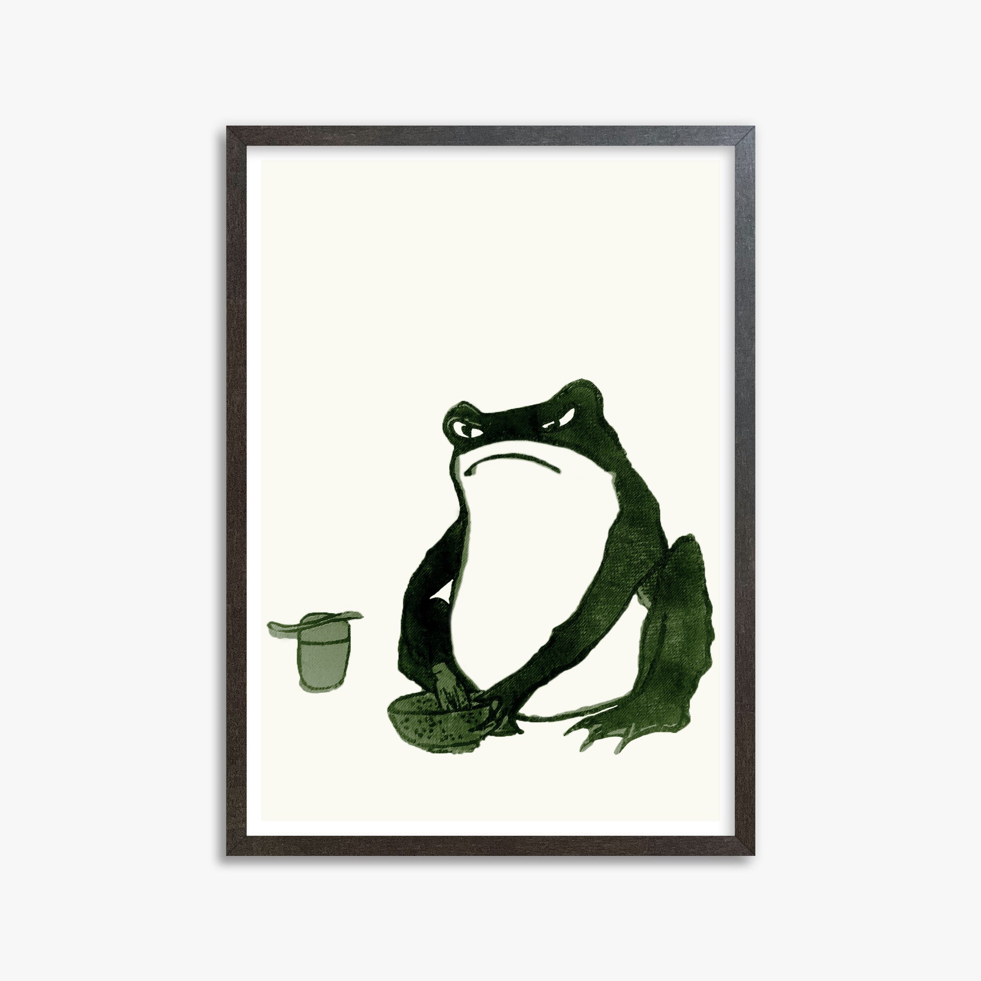 Hiroshige II: Angry frog whisking tea, 50x70cm Framed Art Reproduction With Espresso Frame