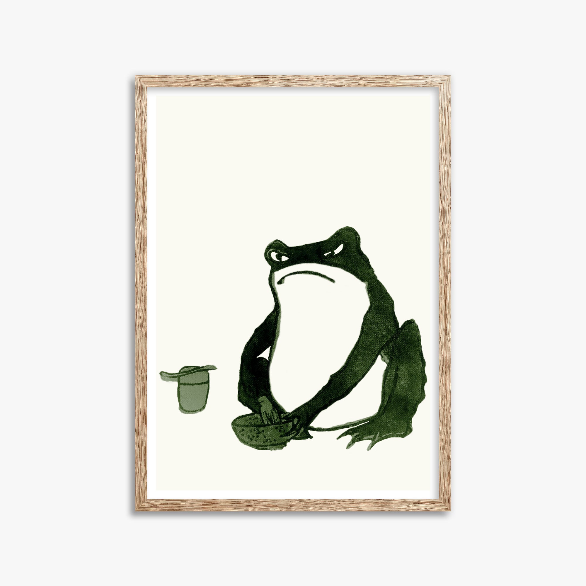 Hiroshige II: Angry frog whisking tea, 50x70cm Framed Art Reproduction With Raw Oak Frame
