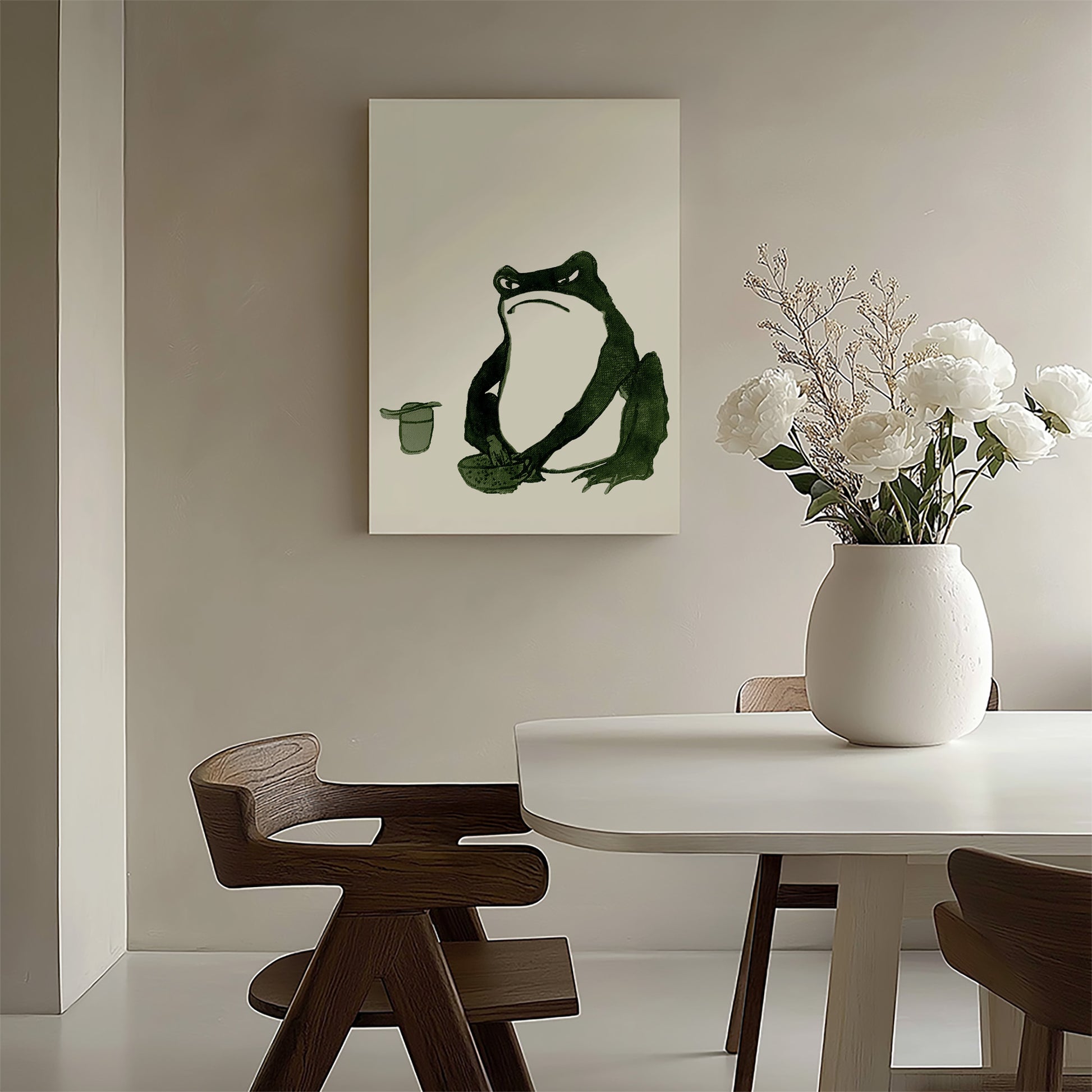 Design Concept No. 58 for Hiroshige II: Angry frog whisking tea Japanese Satin Canvas Wall Art
