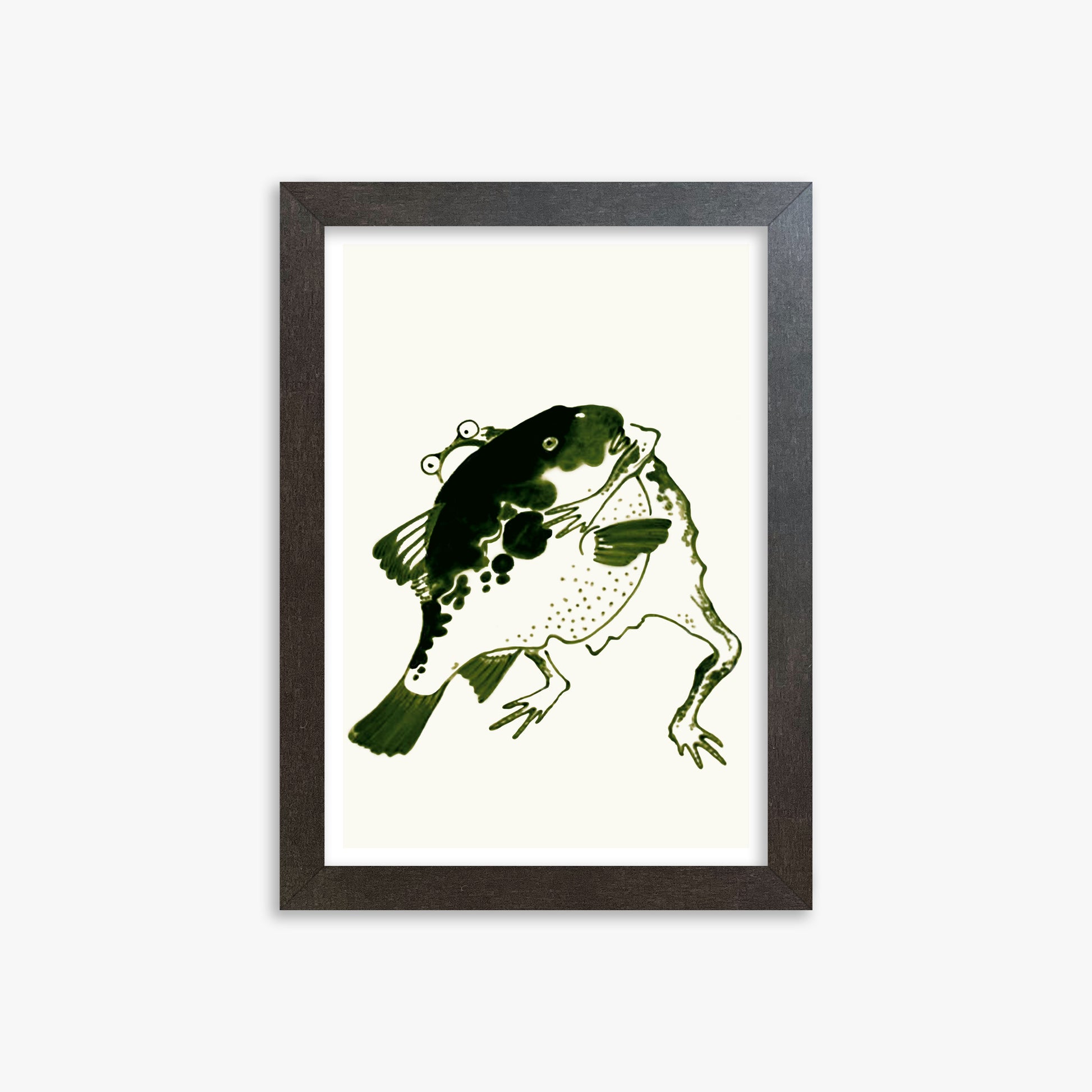 Itō Jakuchū: Toad and puffer fish sumo wrestlers, 21x30cm Framed Art Reproduction With Espresso Frame