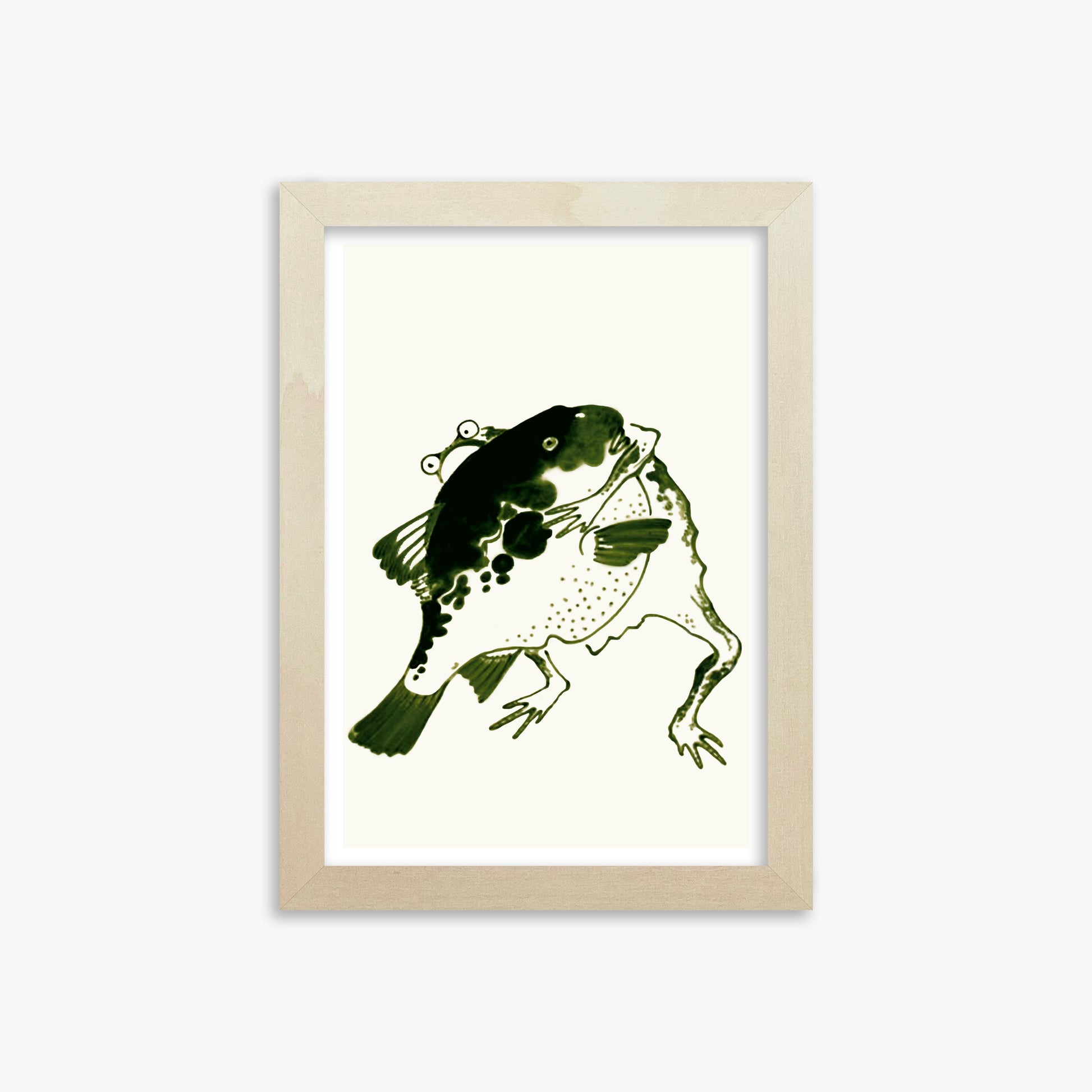 Itō Jakuchū: Toad and puffer fish sumo wrestlers, 21x30cm Framed Art Reproduction With Lime Wood Frame