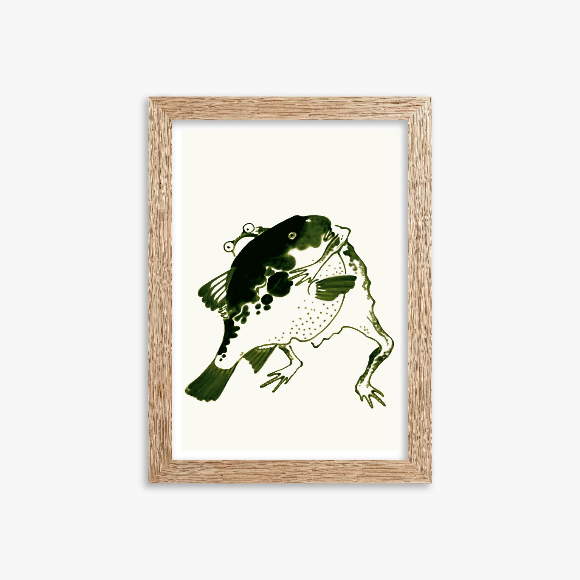 Itō Jakuchū: Toad and puffer fish sumo wrestlers, 21x30cm Framed Art Reproduction With Raw Oak Frame