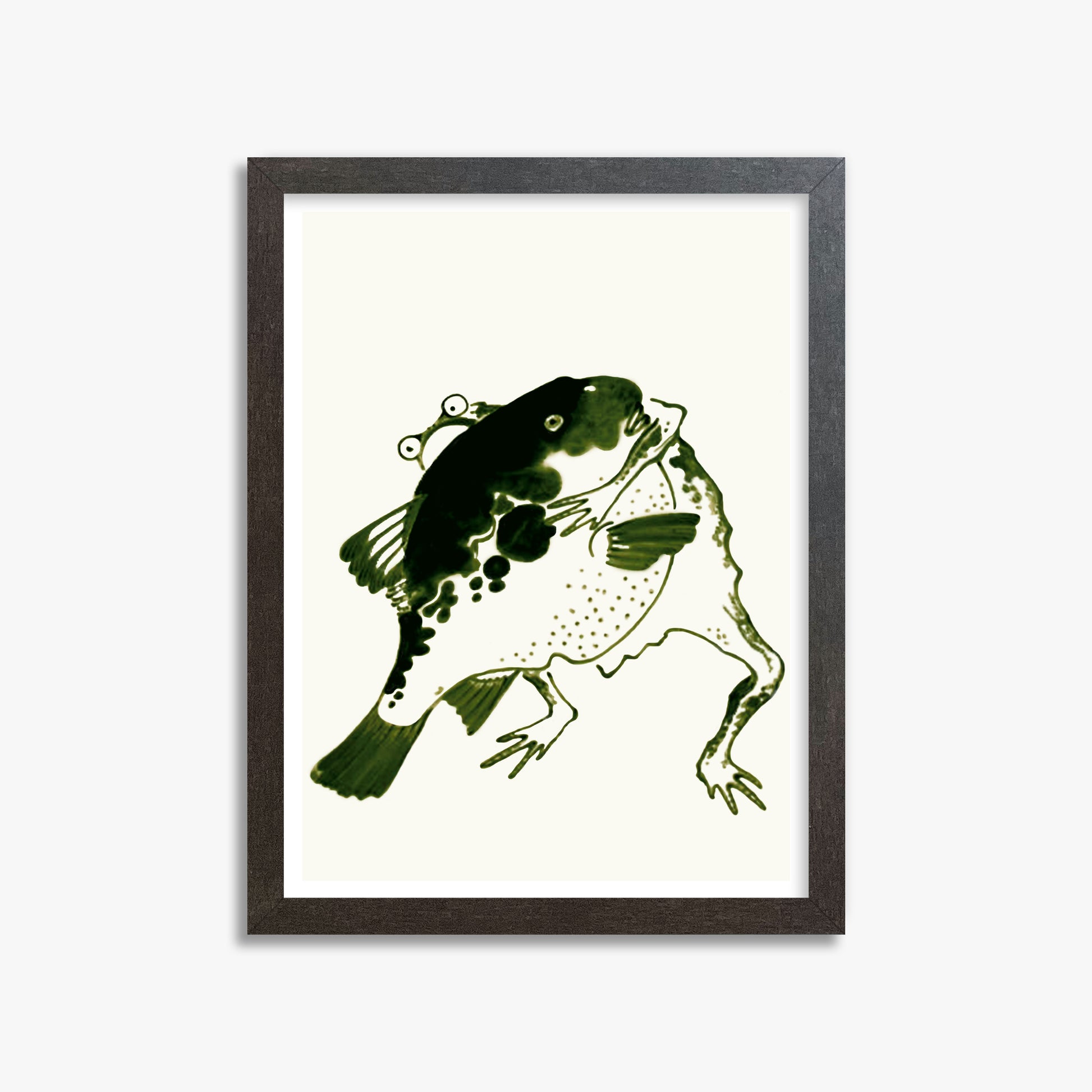 Itō Jakuchū: Toad and puffer fish sumo wrestlers, 30x40cm Framed Art Reproduction With Espresso Frame