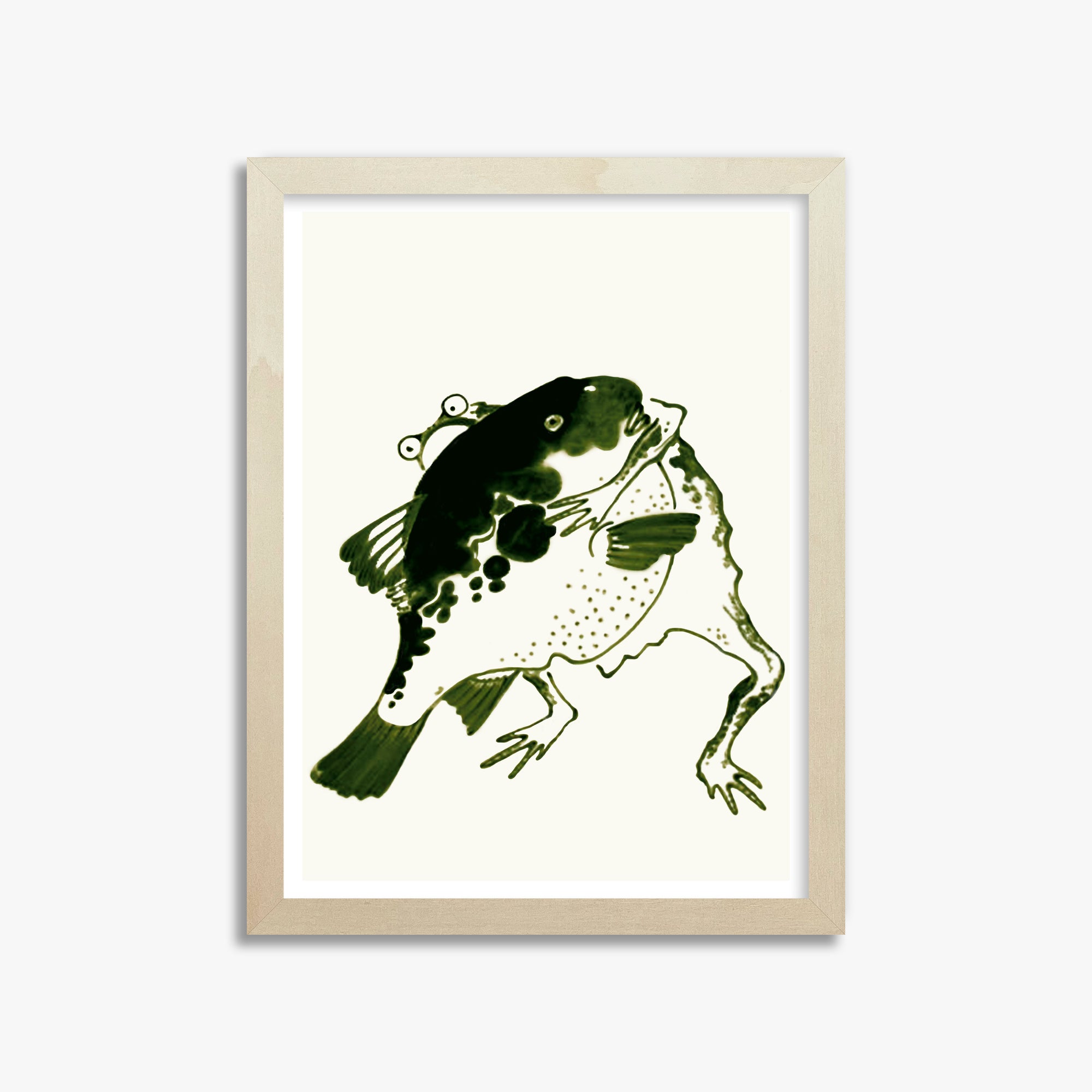 Itō Jakuchū: Toad and puffer fish sumo wrestlers, 30x40cm Framed Art Reproduction With Lime Wood Frame