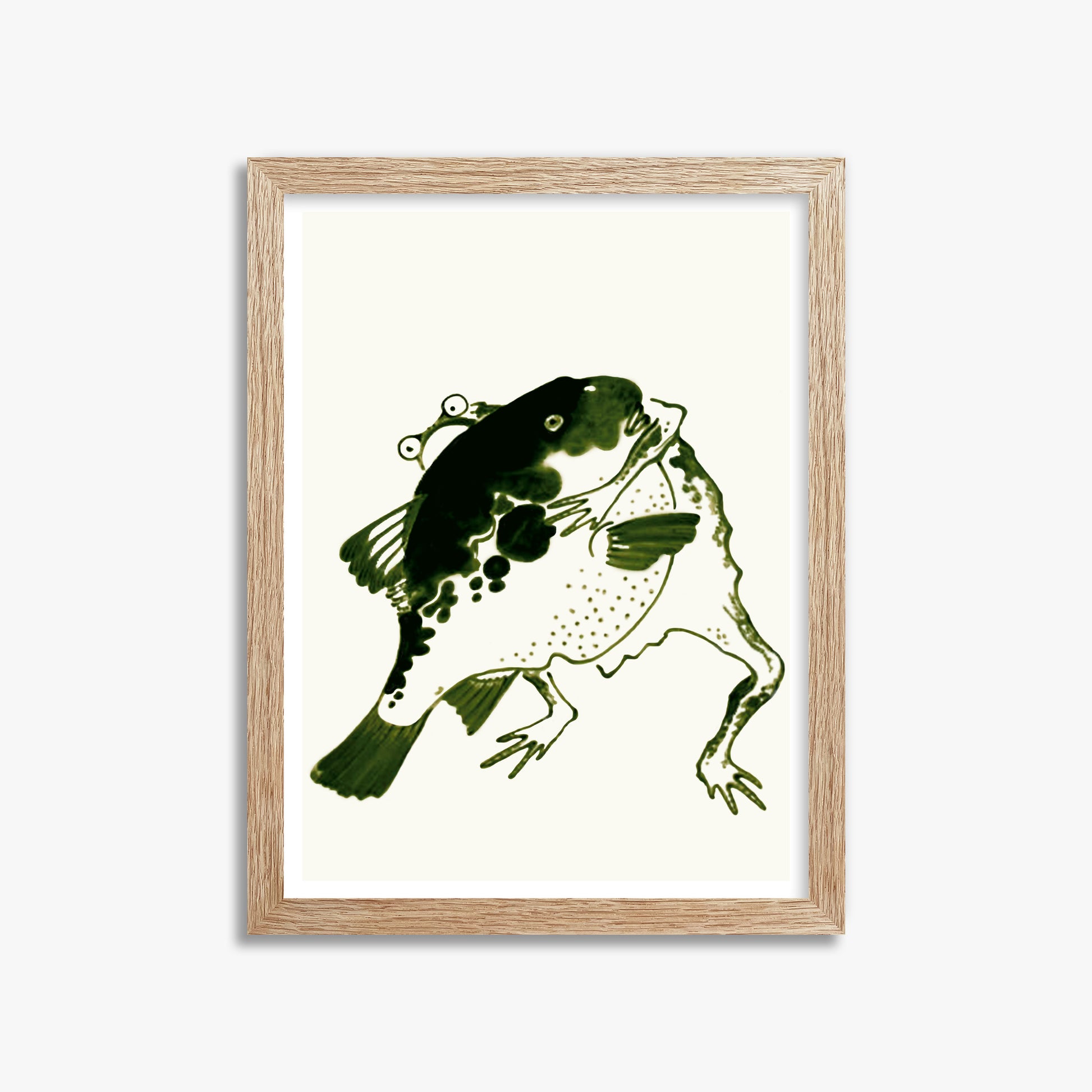 Itō Jakuchū: Toad and puffer fish sumo wrestlers, 30x40cm Framed Art Reproduction With Raw Oak Frame