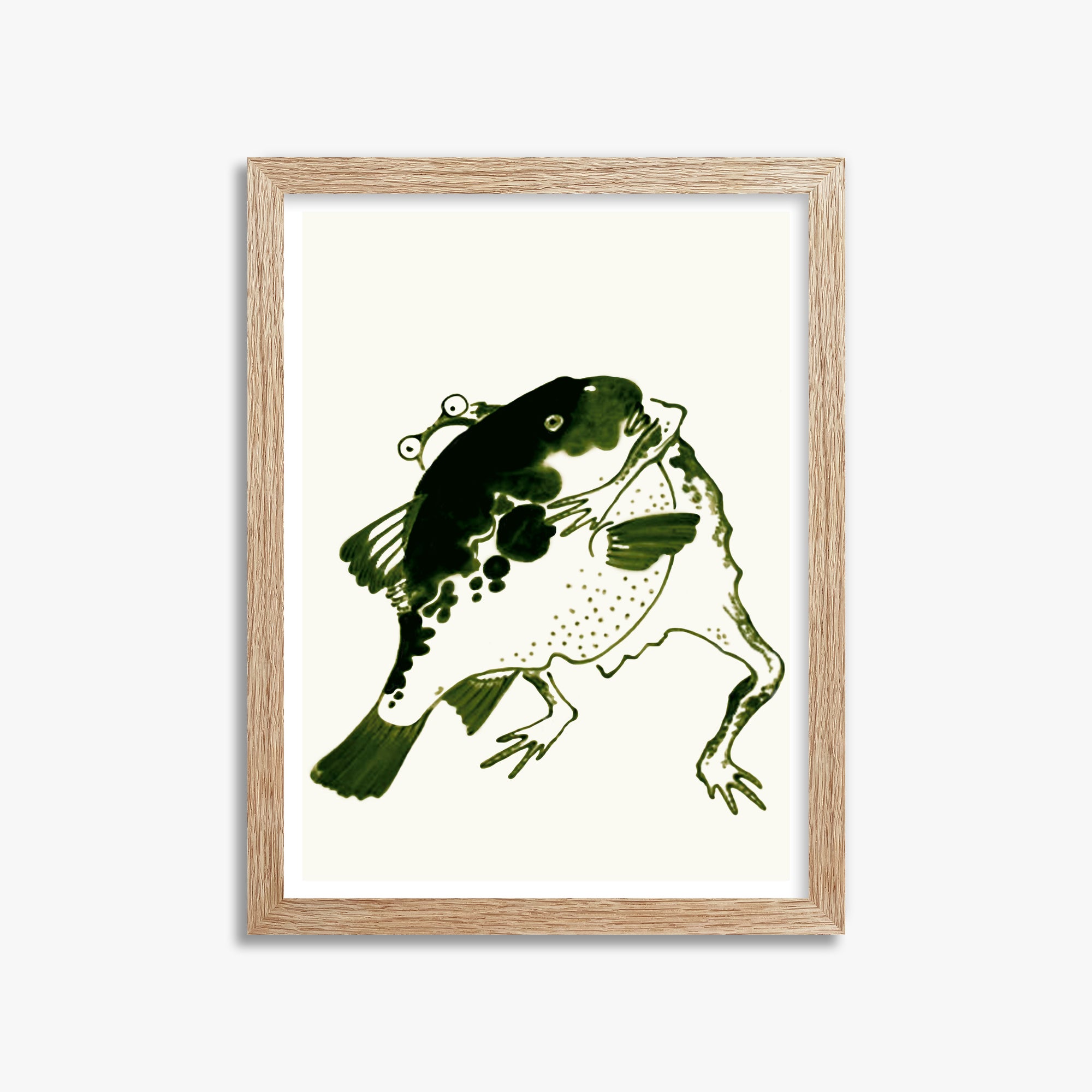 Itō Jakuchū: Toad and puffer fish sumo wrestlers, 30x40cm Framed Art Reproduction With Raw Oak Frame