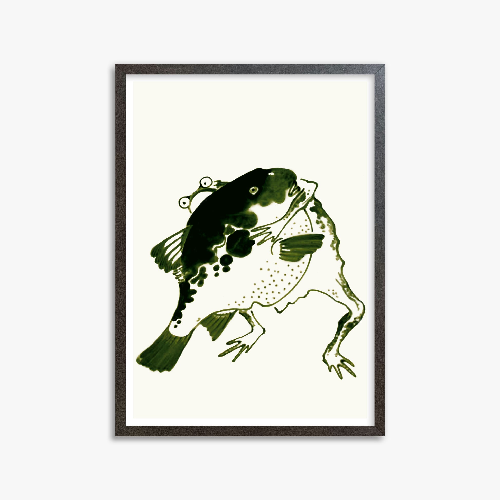 Itō Jakuchū: Toad and puffer fish sumo wrestlers, 50x70cm Framed Art Reproduction With Espresso Frame