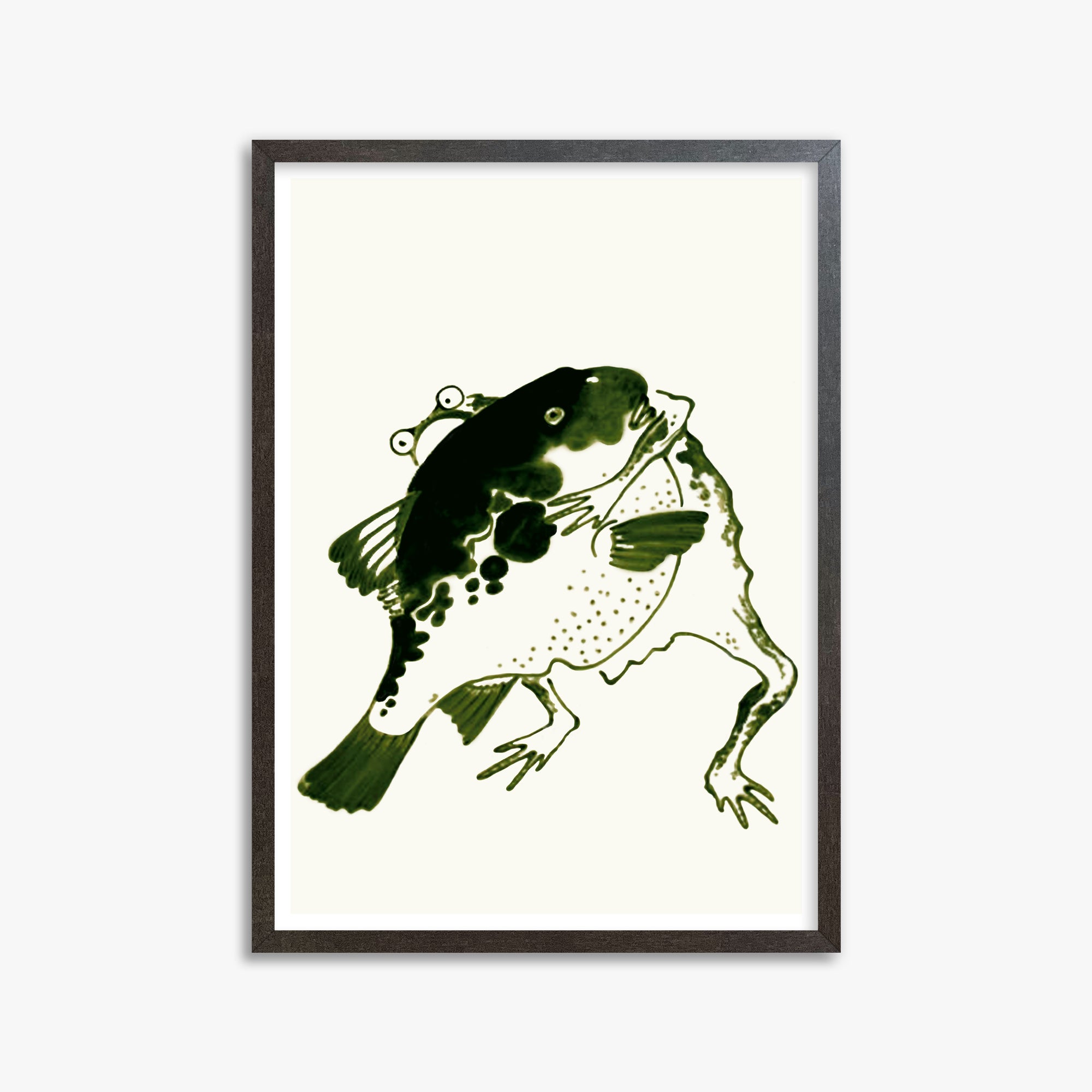 Itō Jakuchū: Toad and puffer fish sumo wrestlers, 50x70cm Framed Art Reproduction With Espresso Frame