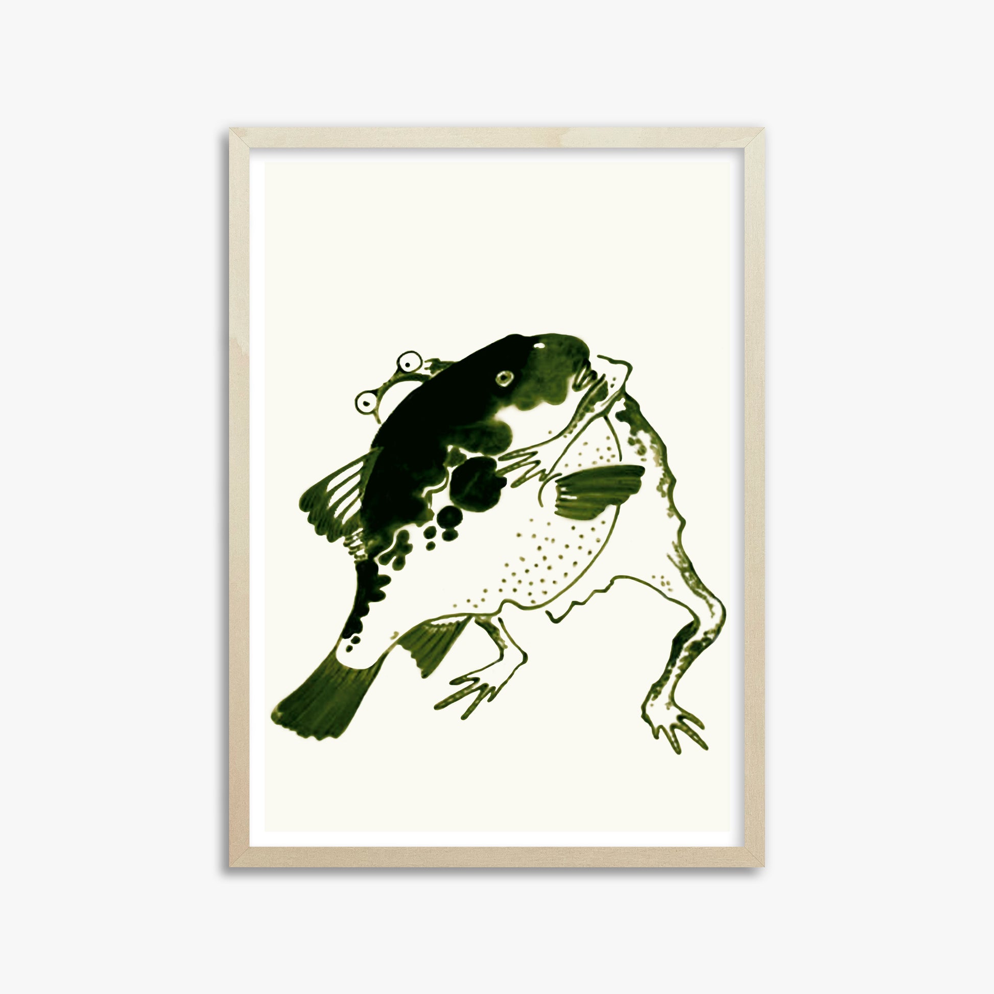 Itō Jakuchū: Toad and puffer fish sumo wrestlers, 50x70cm Framed Art Reproduction With Lime Wood Frame