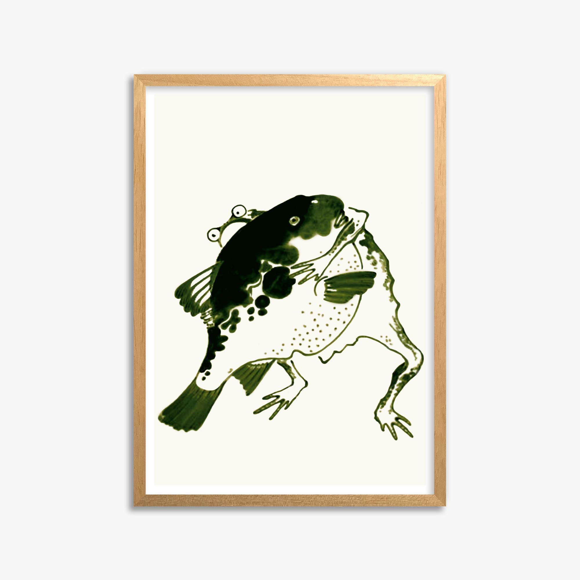 Itō Jakuchū: Toad and puffer fish sumo wrestlers 50x70 cm Art Reproduction With Oak Frame