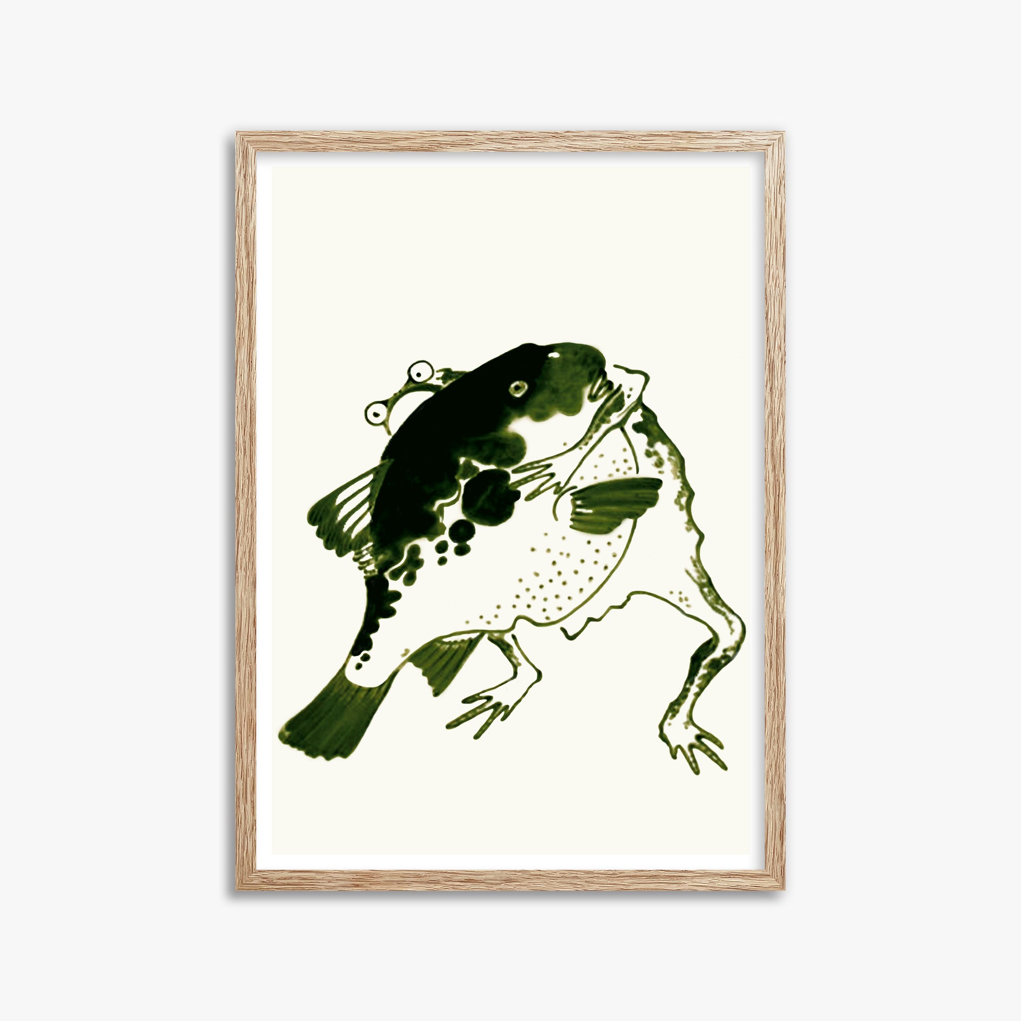 Itō Jakuchū: Toad and puffer fish sumo wrestlers, 50x70cm Framed Art Reproduction With Raw Oak Frame