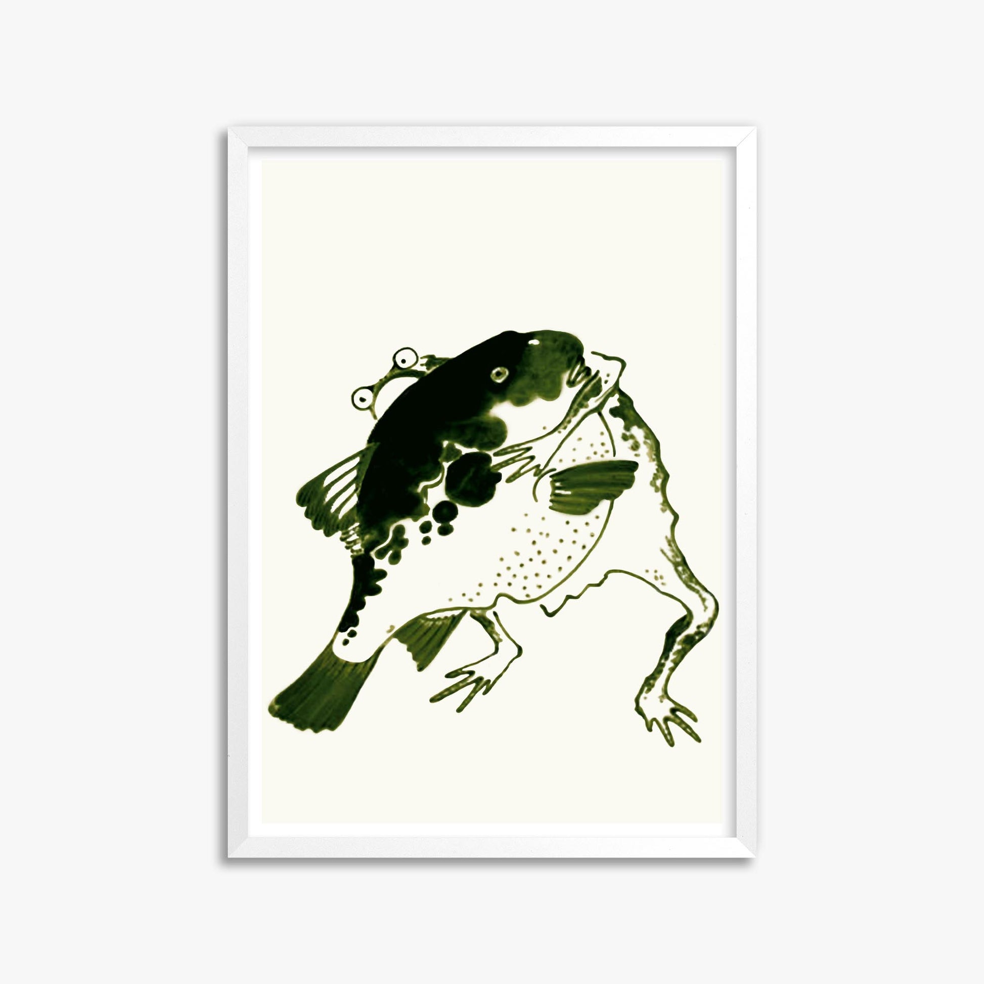 Itō Jakuchū: Toad and puffer fish sumo wrestlers 50x70 cm Art Reproduction With White Frame
