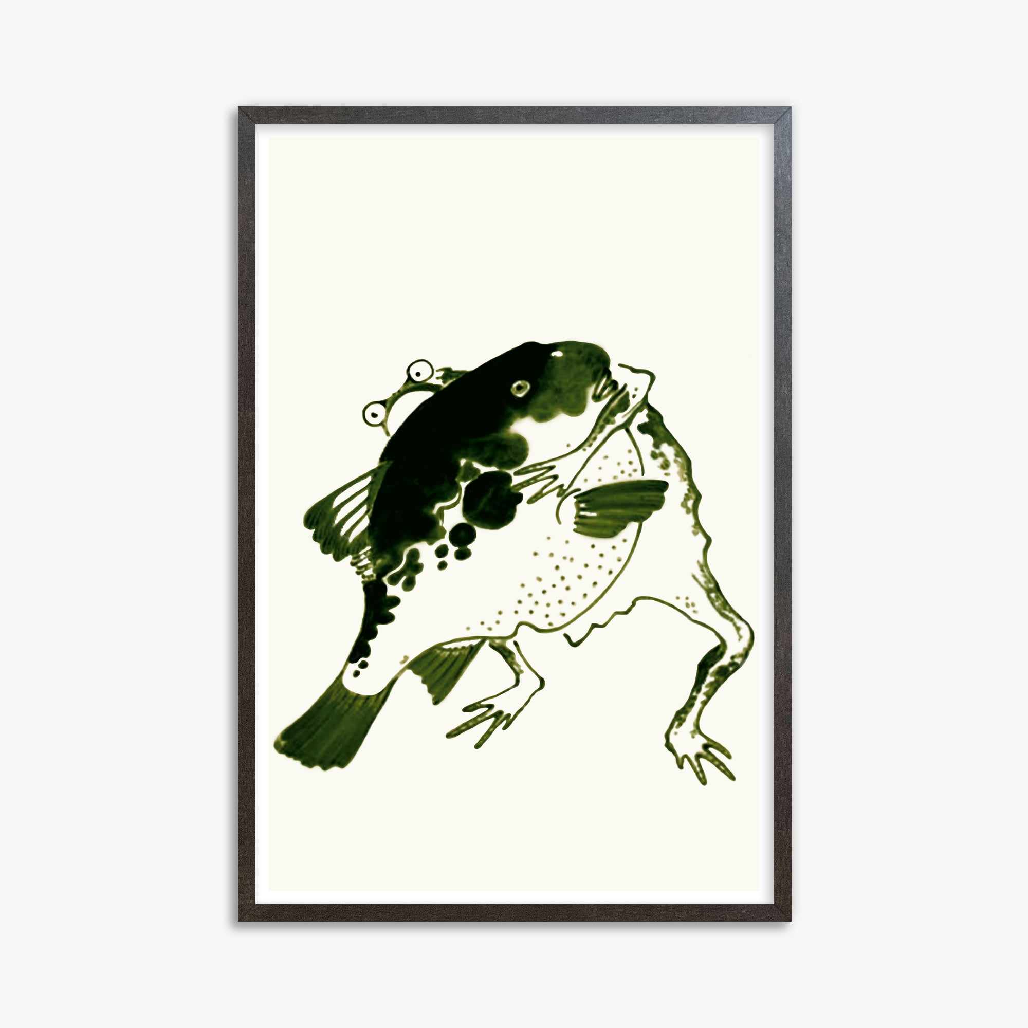 Itō Jakuchū: Toad and puffer fish sumo wrestlers, 61x91cm Framed Art Reproduction With Espresso Frame
