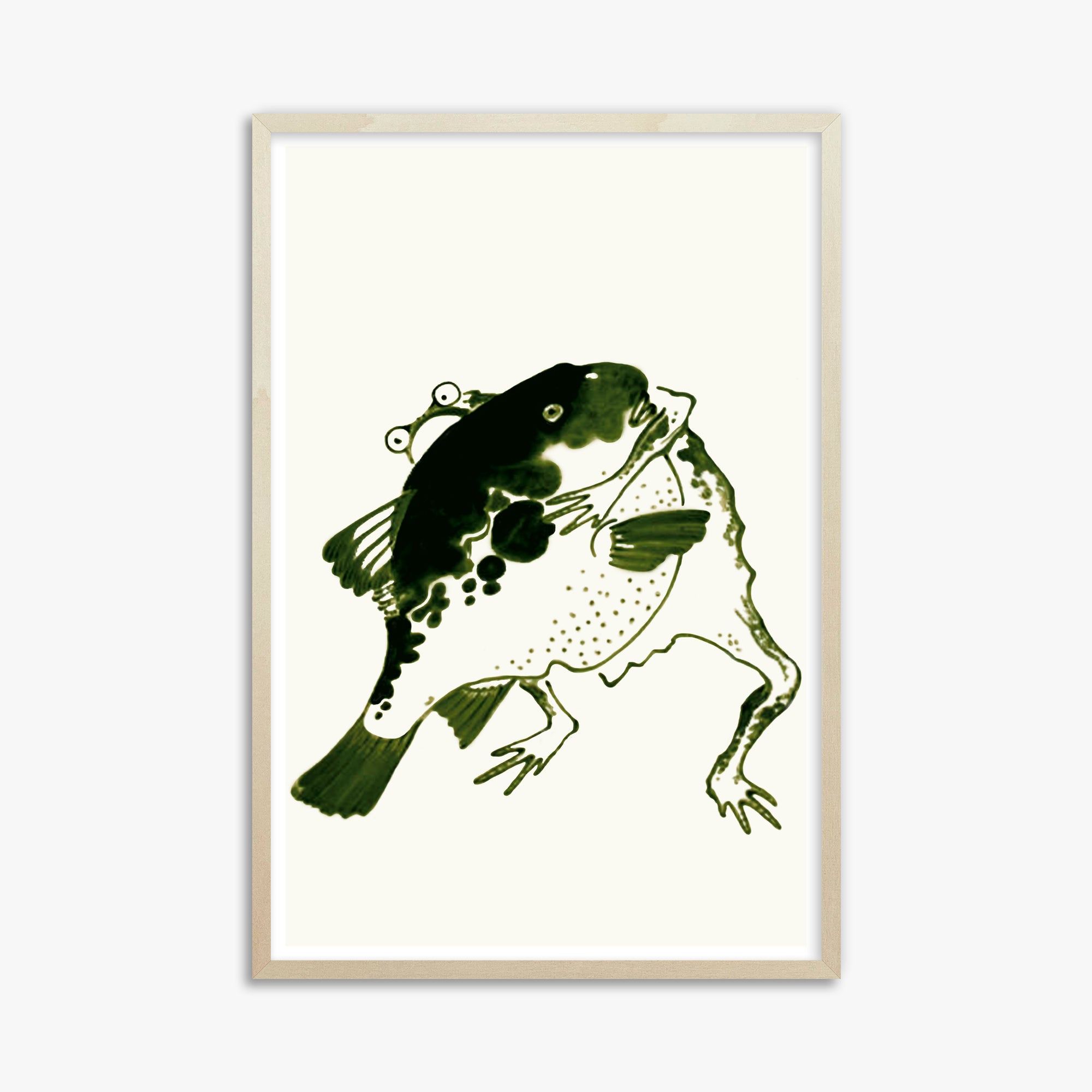 Itō Jakuchū: Toad and puffer fish sumo wrestlers, 61x91cm Framed Art Reproduction With Lime Wood Frame