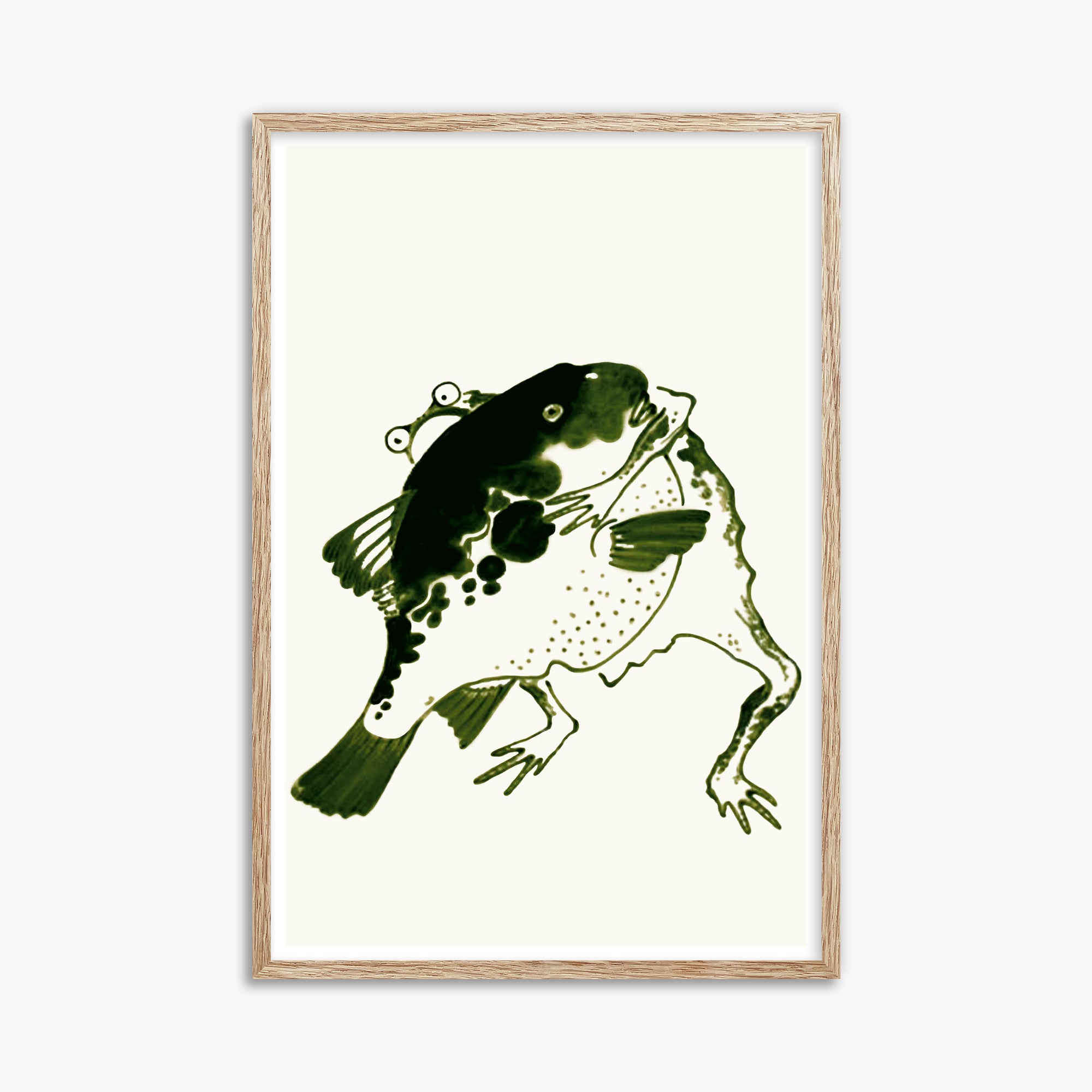 Itō Jakuchū: Toad and puffer fish sumo wrestlers, 61x91cm Framed Art Reproduction With Raw Oak Frame