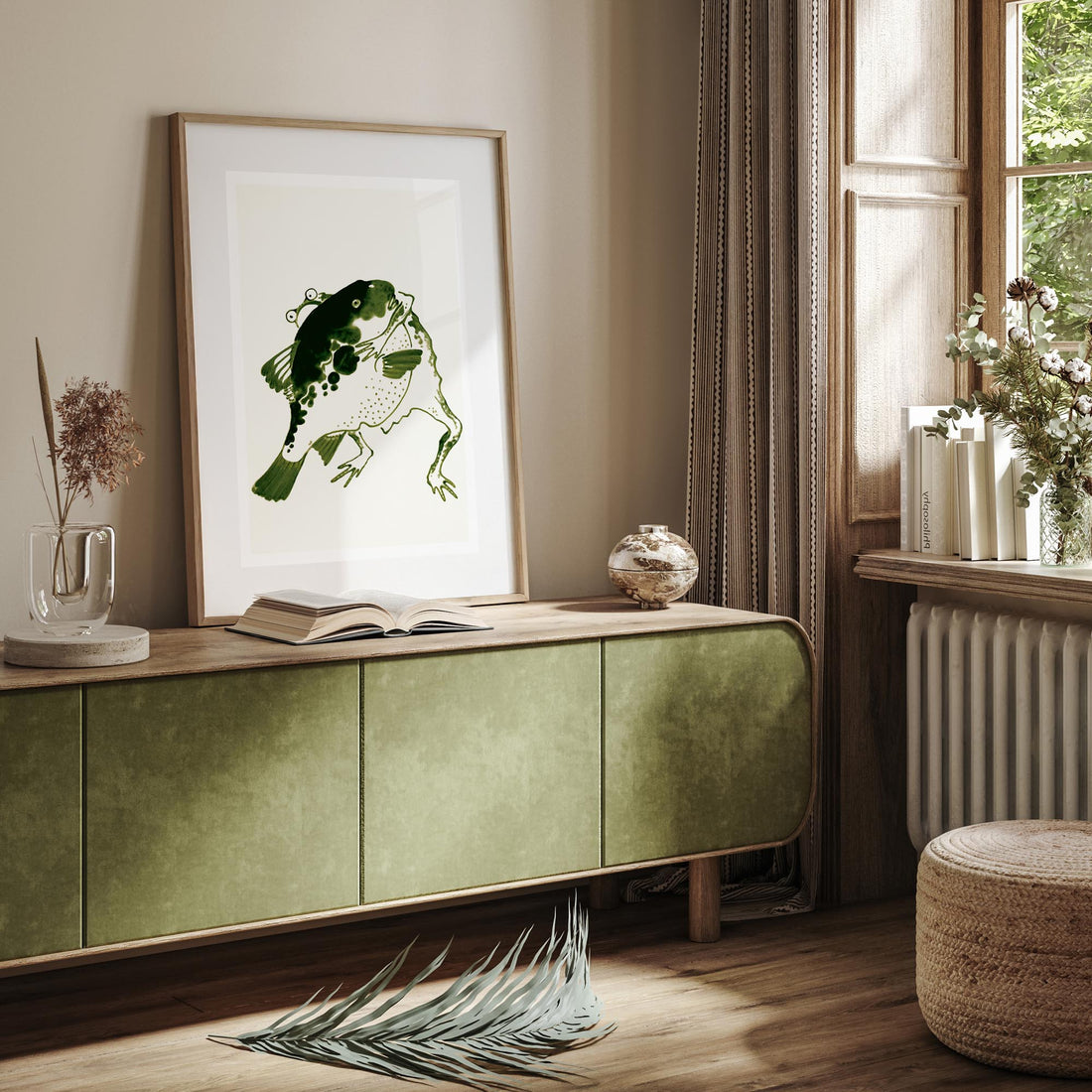 Itō Jakuchū: Toad and puffer fish sumo wrestlers 50x70 cm Art Reproduction With Black Frame