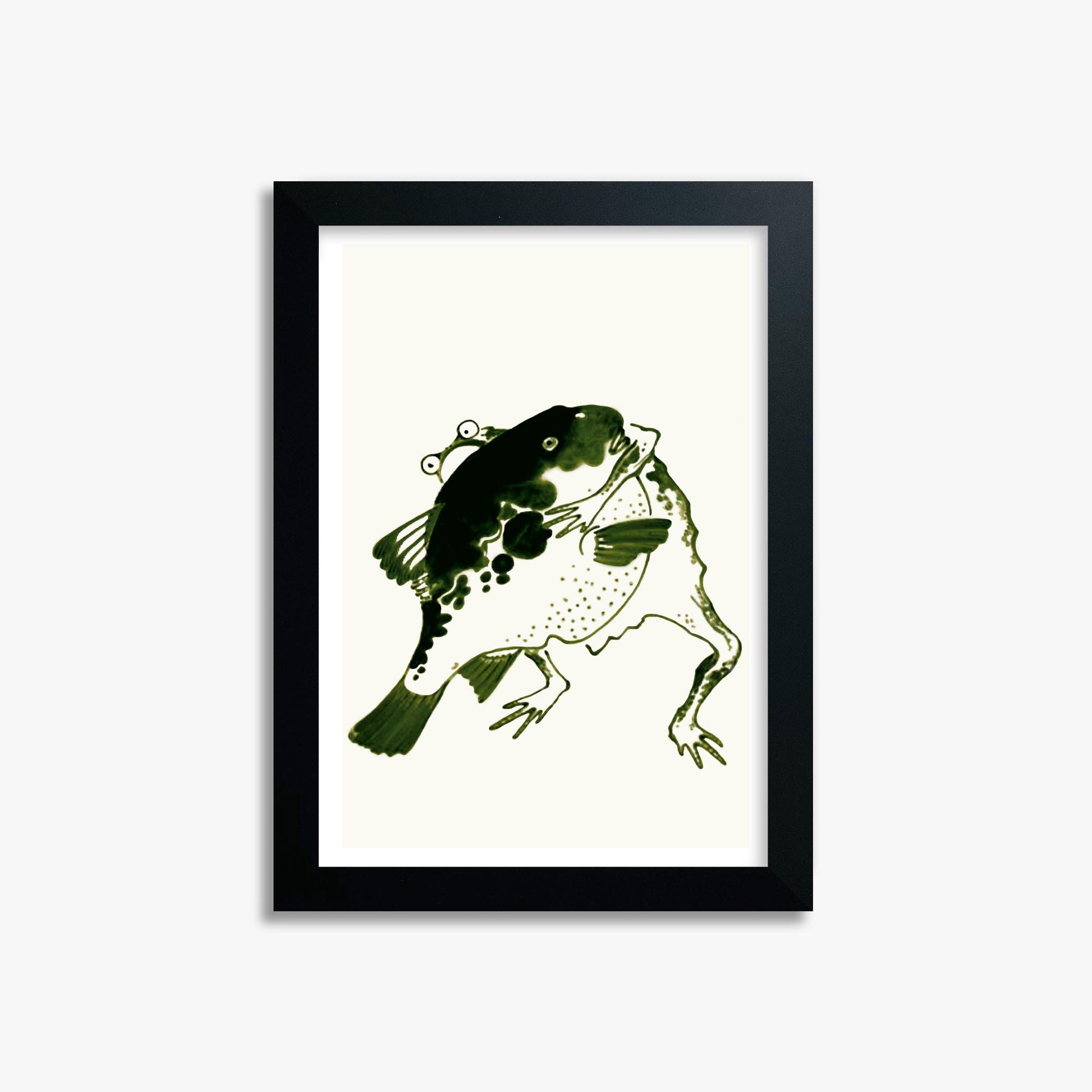 Itō Jakuchū: Toad and puffer fish sumo wrestlers 21x30 cm Art Reproduction With Black Frame