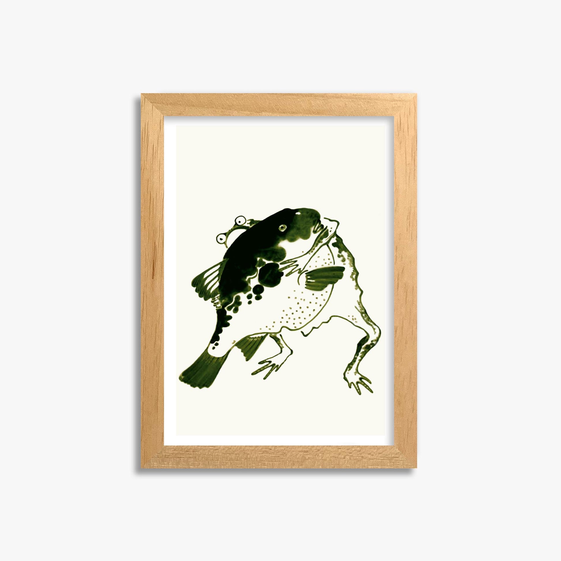 Itō Jakuchū: Toad and puffer fish sumo wrestlers 21x30 cm Art Reproduction With Oak Frame