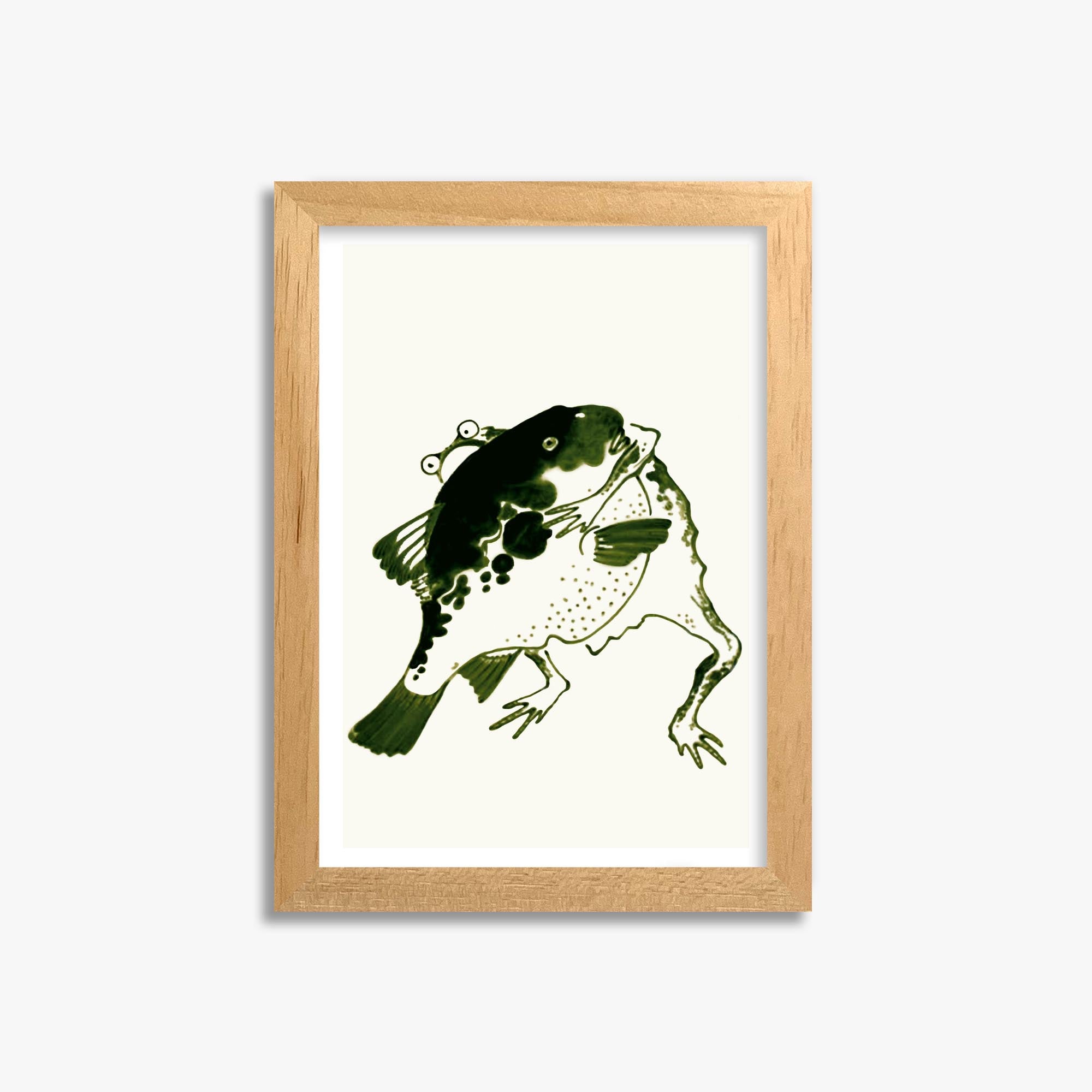 Itō Jakuchū: Toad and puffer fish sumo wrestlers 21x30 cm Art Reproduction With Oak Frame