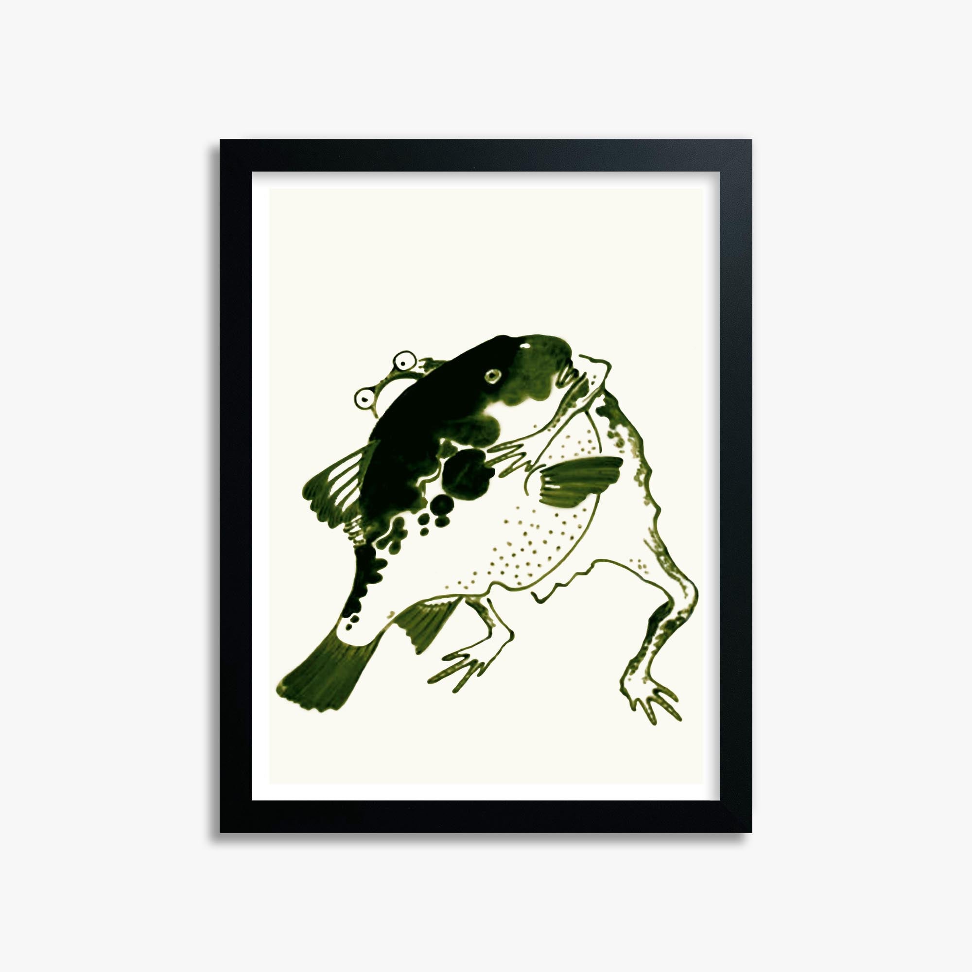 Itō Jakuchū: Toad and puffer fish sumo wrestlers 30x40 cm Art Reproduction With Black Frame