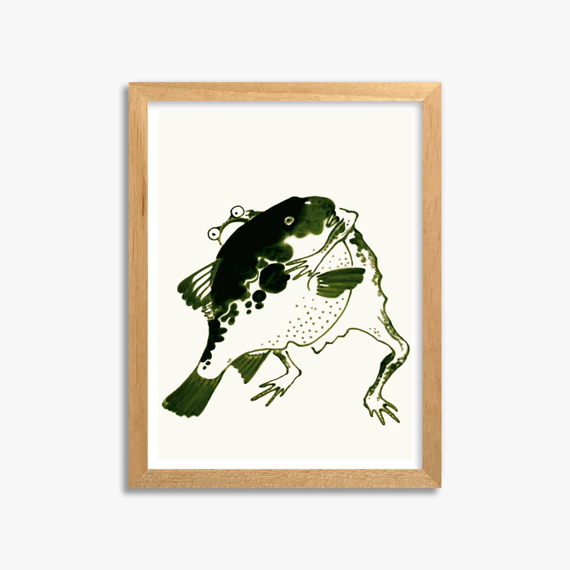 Itō Jakuchū: Toad and puffer fish sumo wrestlers 30x40 cm Art Reproduction With Oak Frame