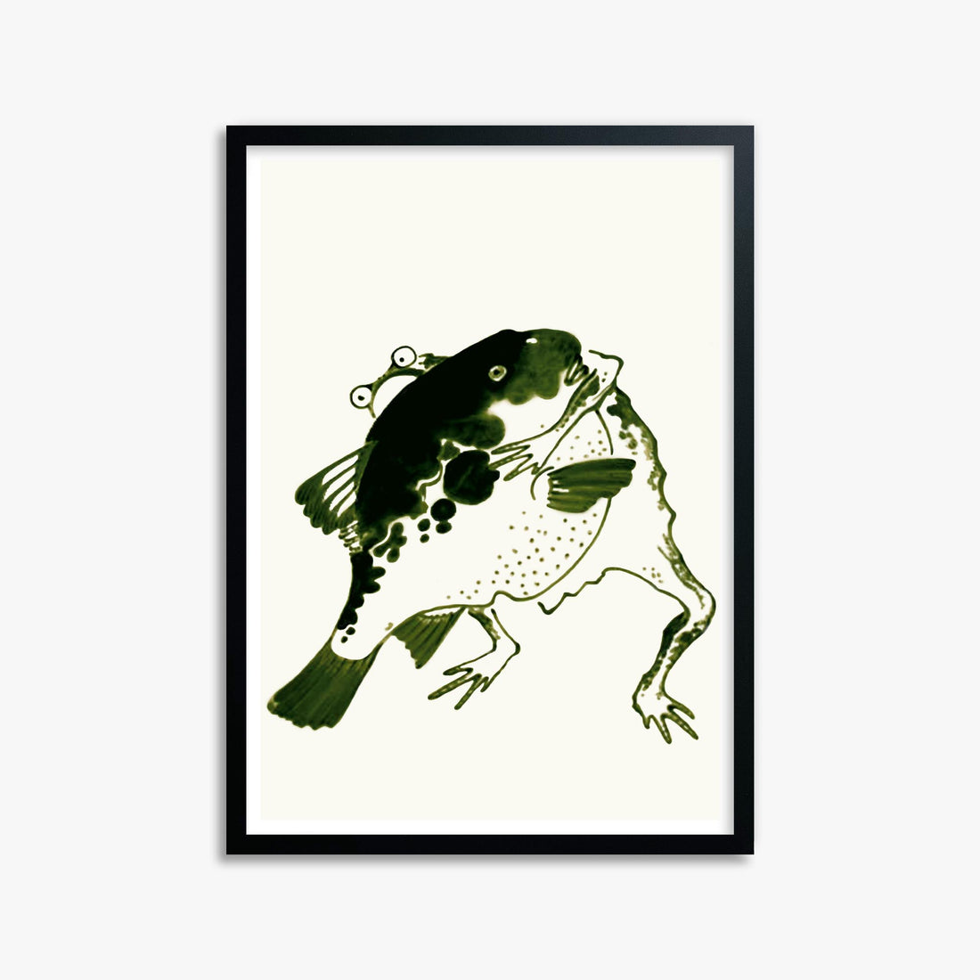 Itō Jakuchū: Toad and puffer fish sumo wrestlers 50x70 cm Art Reproduction With Black Frame