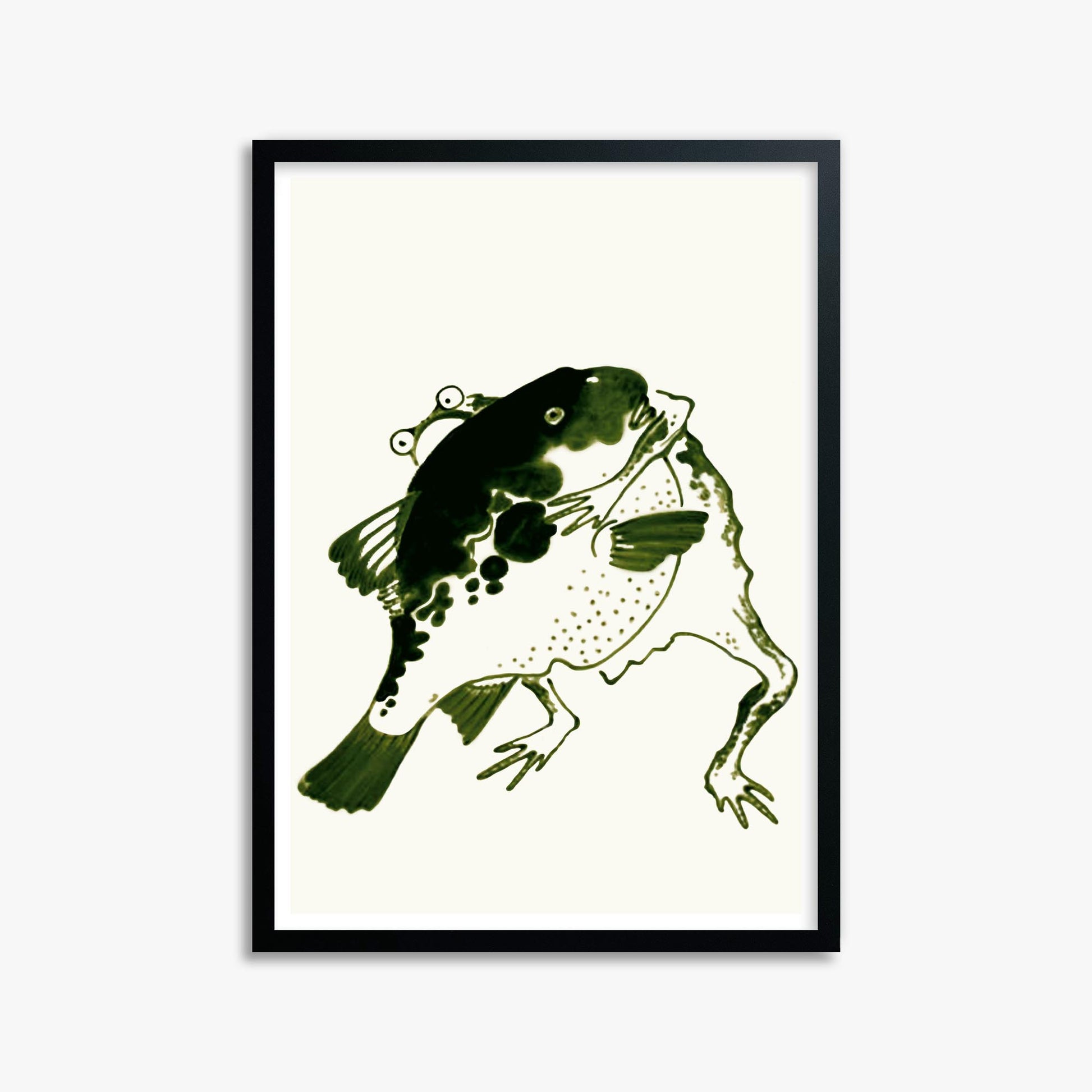 Itō Jakuchū: Toad and puffer fish sumo wrestlers 50x70 cm Art Reproduction With Black Frame