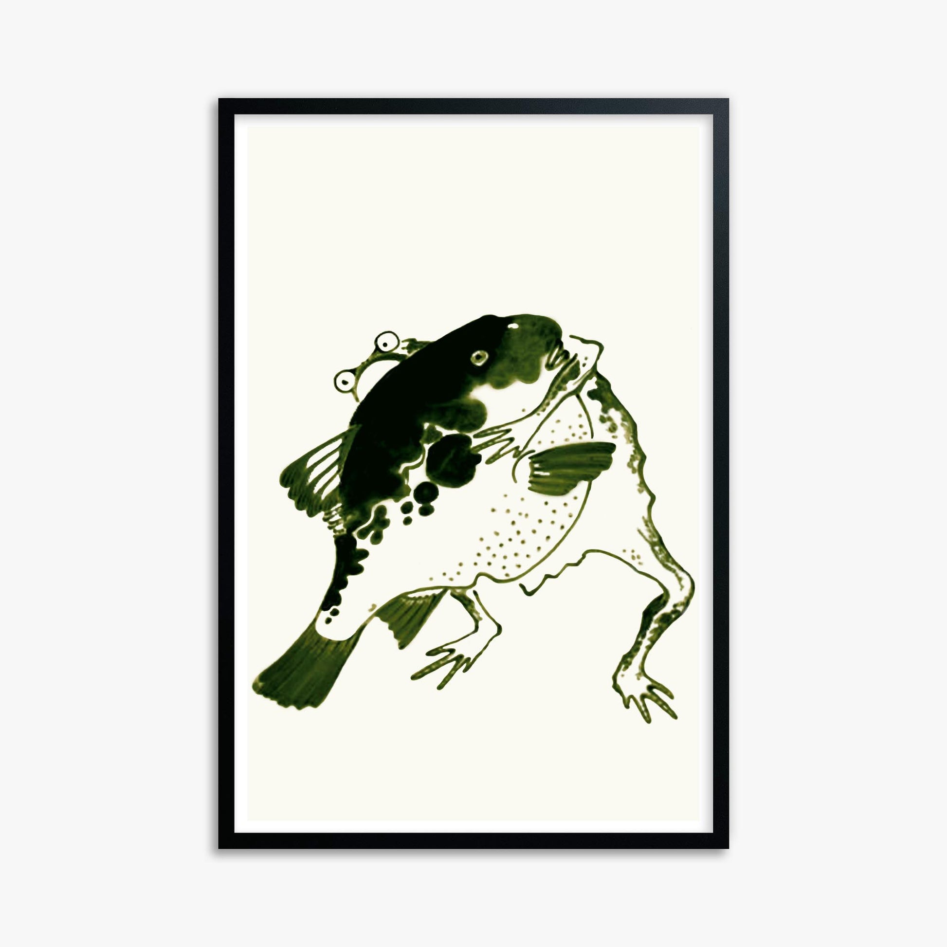 Itō Jakuchū: Toad and puffer fish sumo wrestlers 61x91 cm Art Reproduction With Black Frame