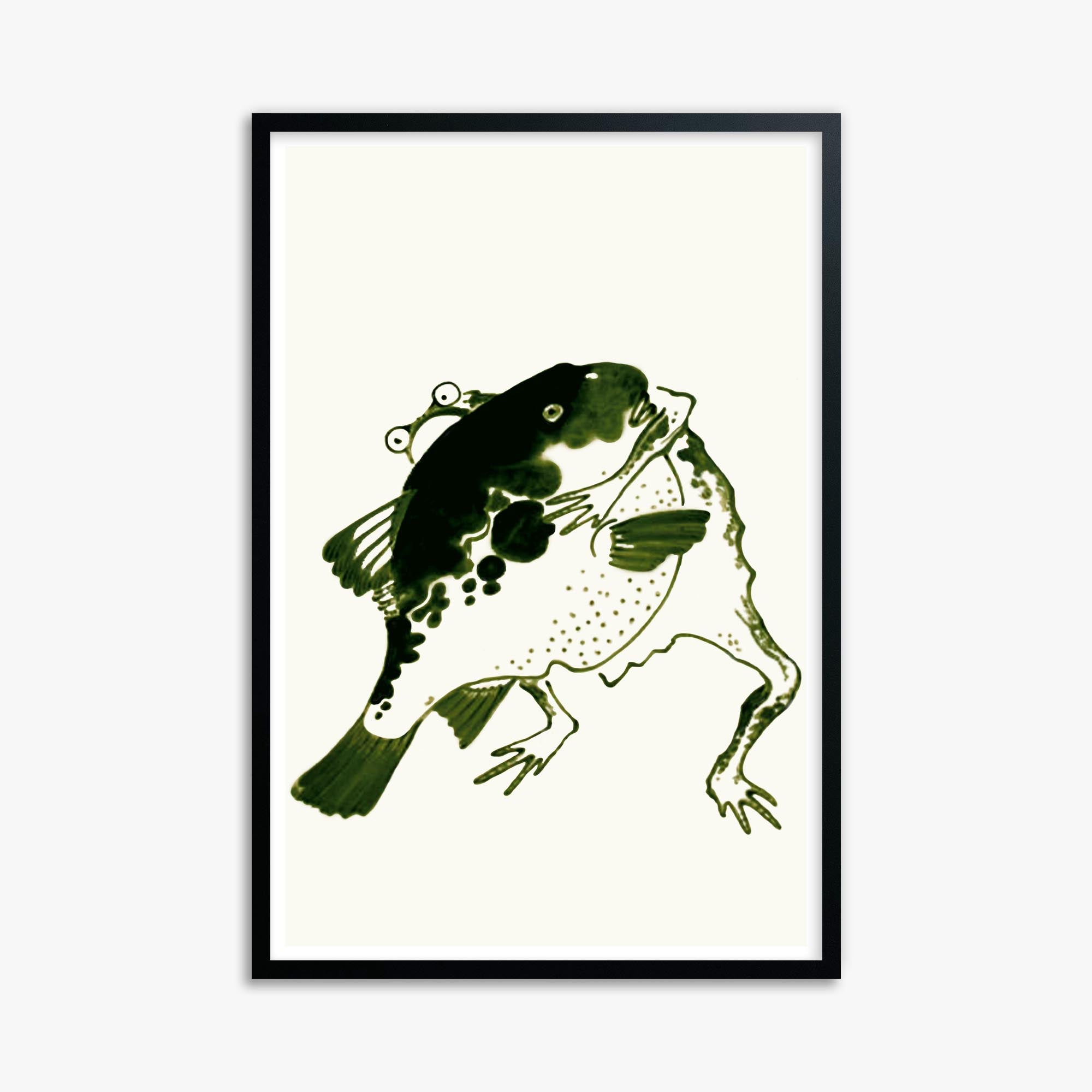 Itō Jakuchū: Toad and puffer fish sumo wrestlers 61x91 cm Art Reproduction With Black Frame