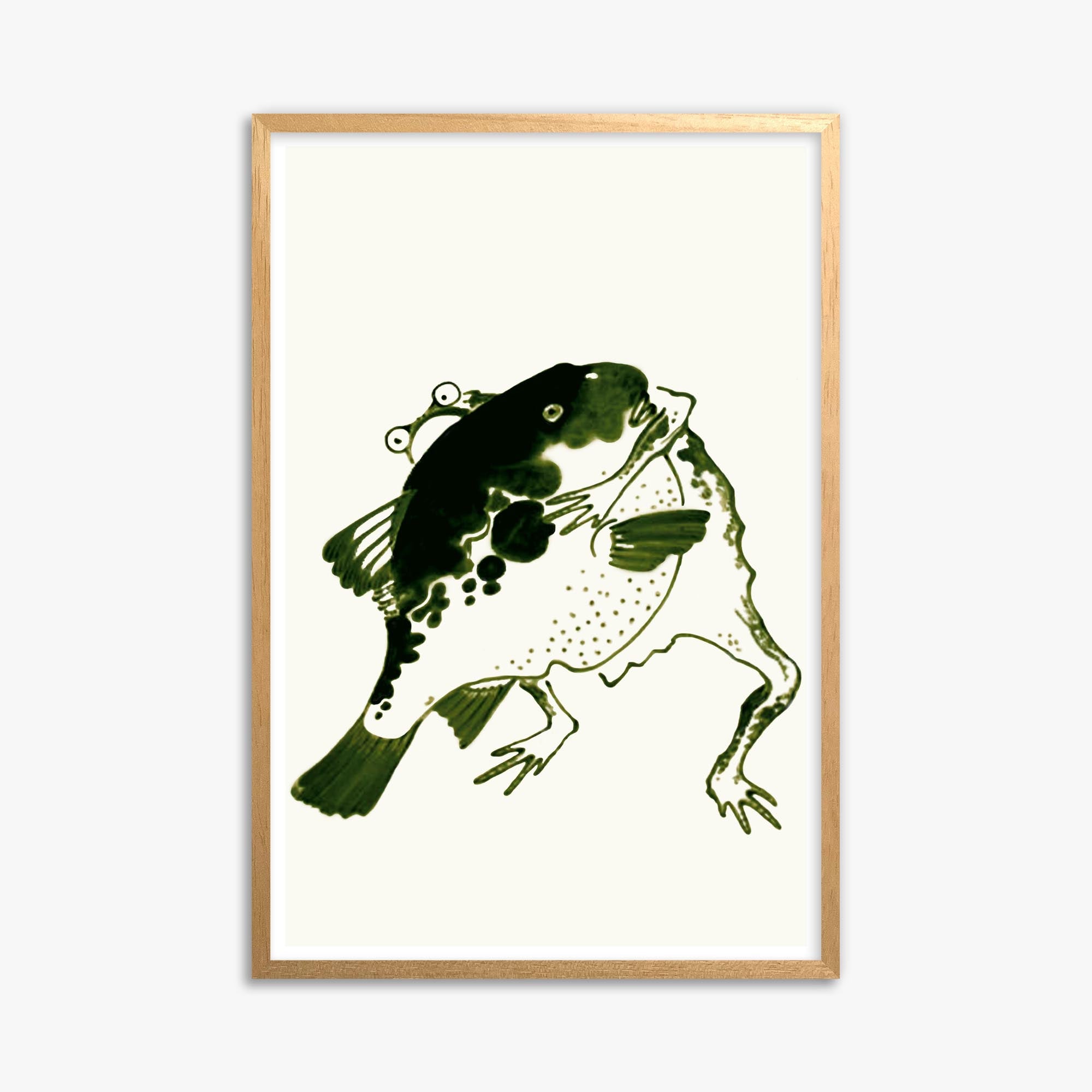 Itō Jakuchū: Toad and puffer fish sumo wrestlers 61x91 cm Art Reproduction With Oak Frame