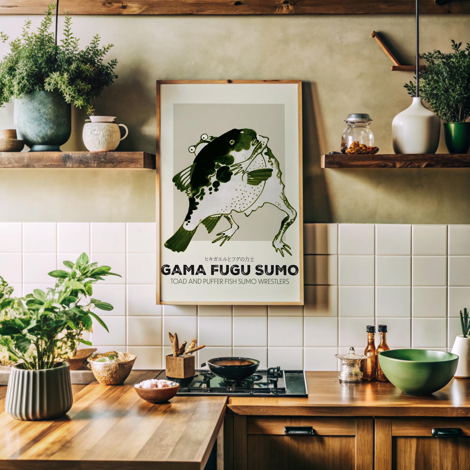 Design concept No. 41 for Itō Jakuchū: Toad and puffer fish sumo wrestlers - Streetart-Style Japanese Wall Art