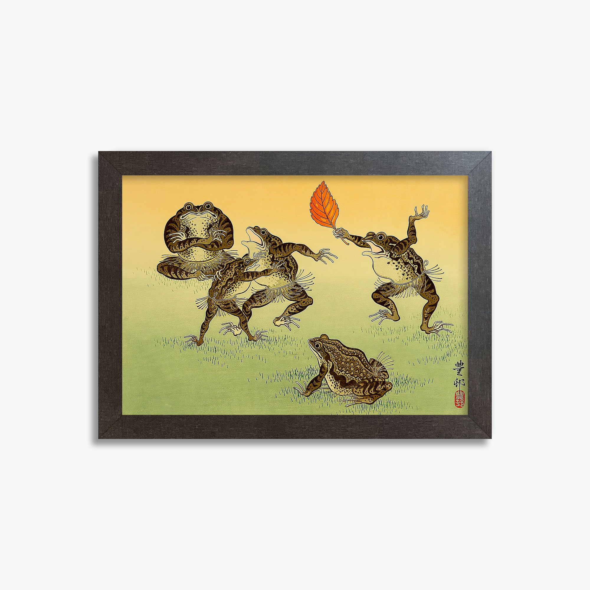 Ohara Koson: Sumo-wrestling Toads, 21x30cm Framed Art Reproduction With Espresso Frame