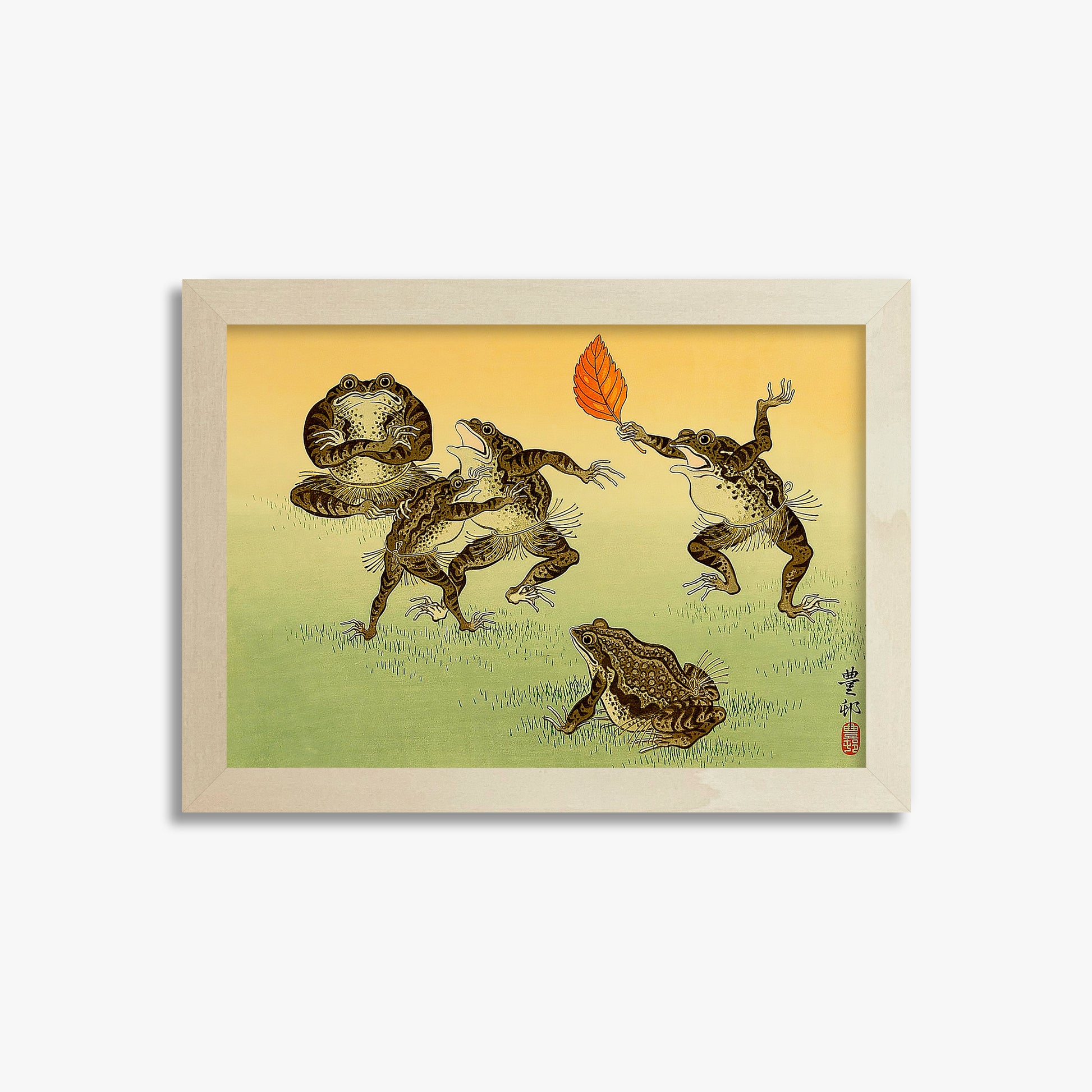 Ohara Koson: Sumo-wrestling Toads, 21x30cm Framed Art Reproduction With Lime Wood Frame