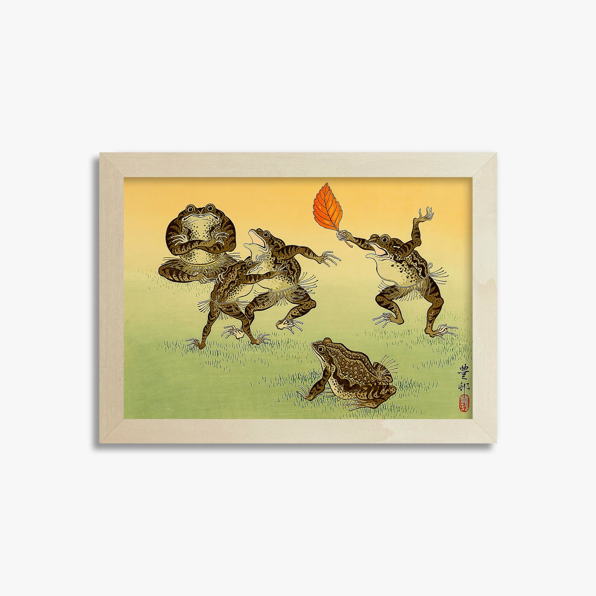 Ohara Koson: Sumo-wrestling Toads, 21x30cm Framed Art Reproduction With Lime Wood Frame